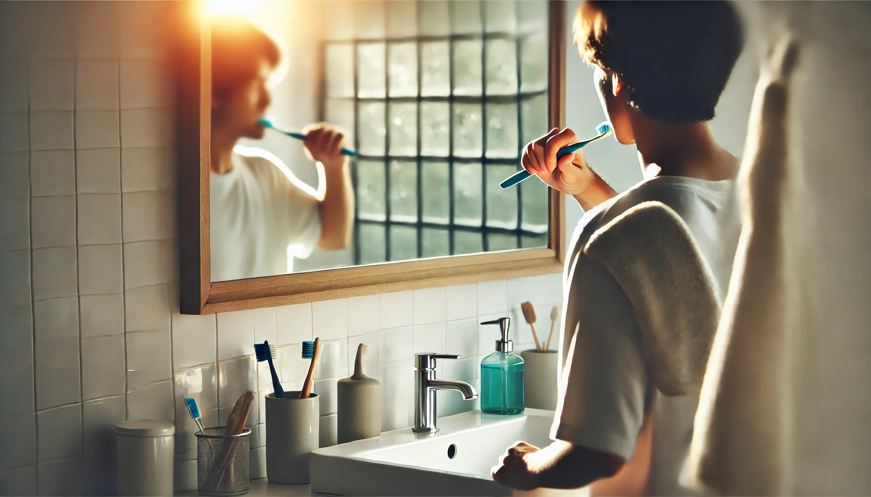 Bright bathroom with a person brushing teeth, focusing on daily habits for maintaining healthy oral hygiene and sustaining clean teeth."