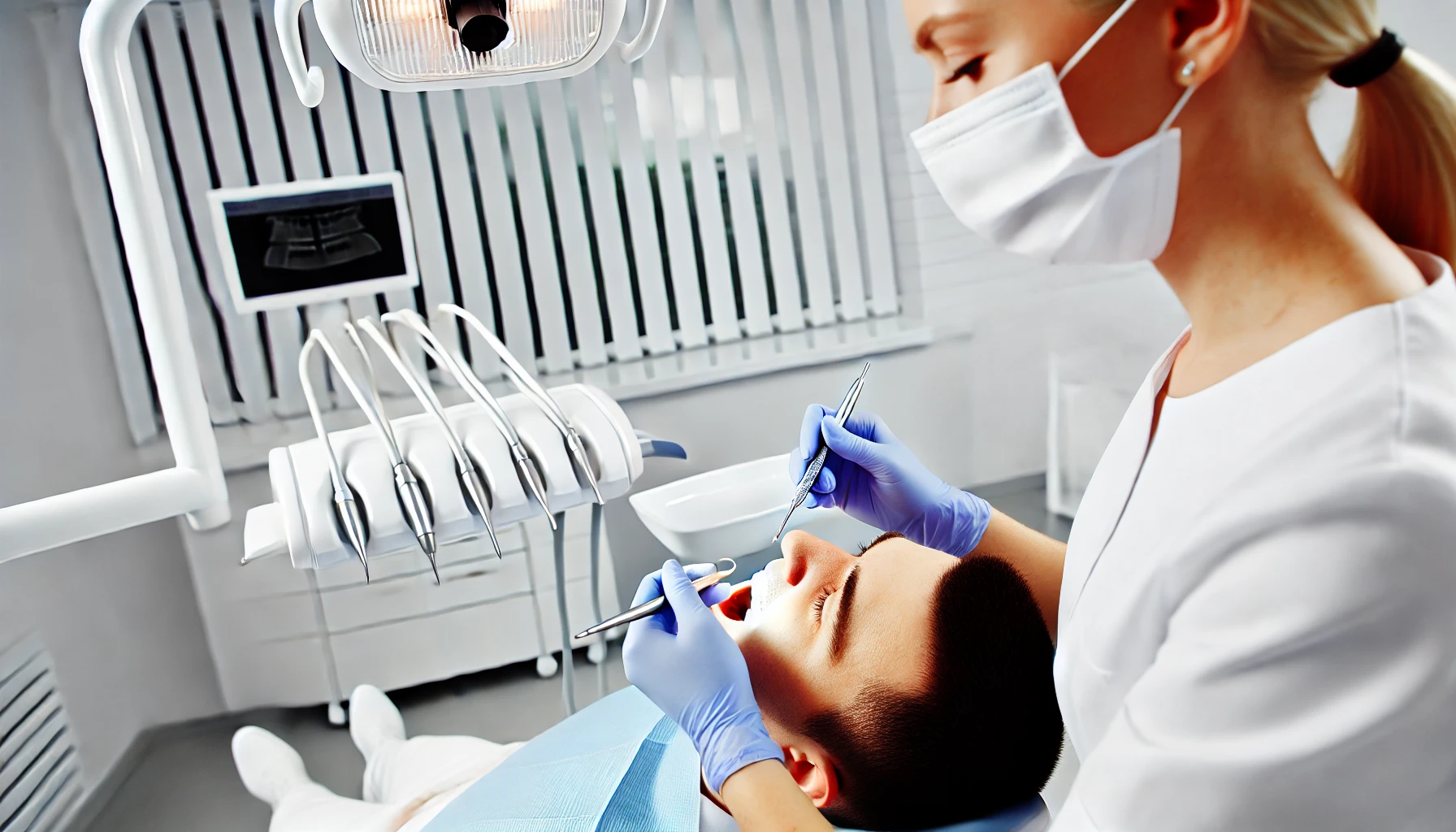 "Dentist performing a dental procedure on a patient in a modern, well-lit clinic, highlighting precision, care, and professionalism."