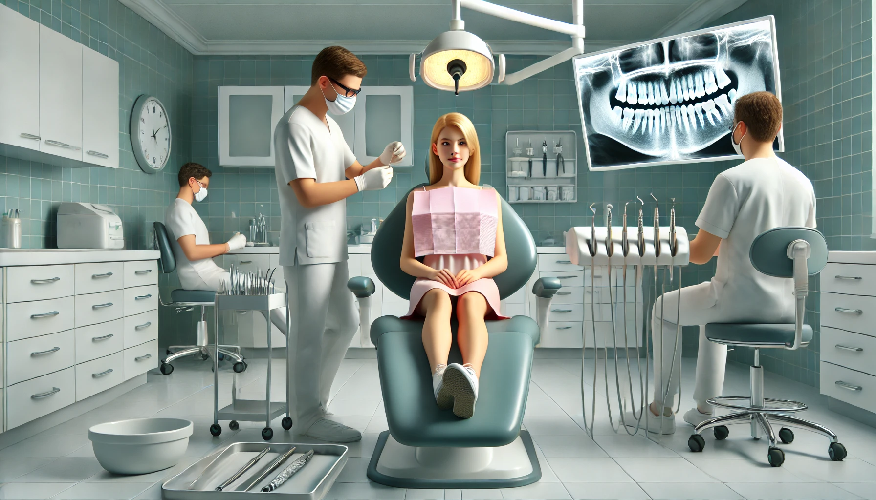 A calm dental setting with a patient in a chair, preparing for wisdom teeth removal, as the dental team organizes tools nearby."