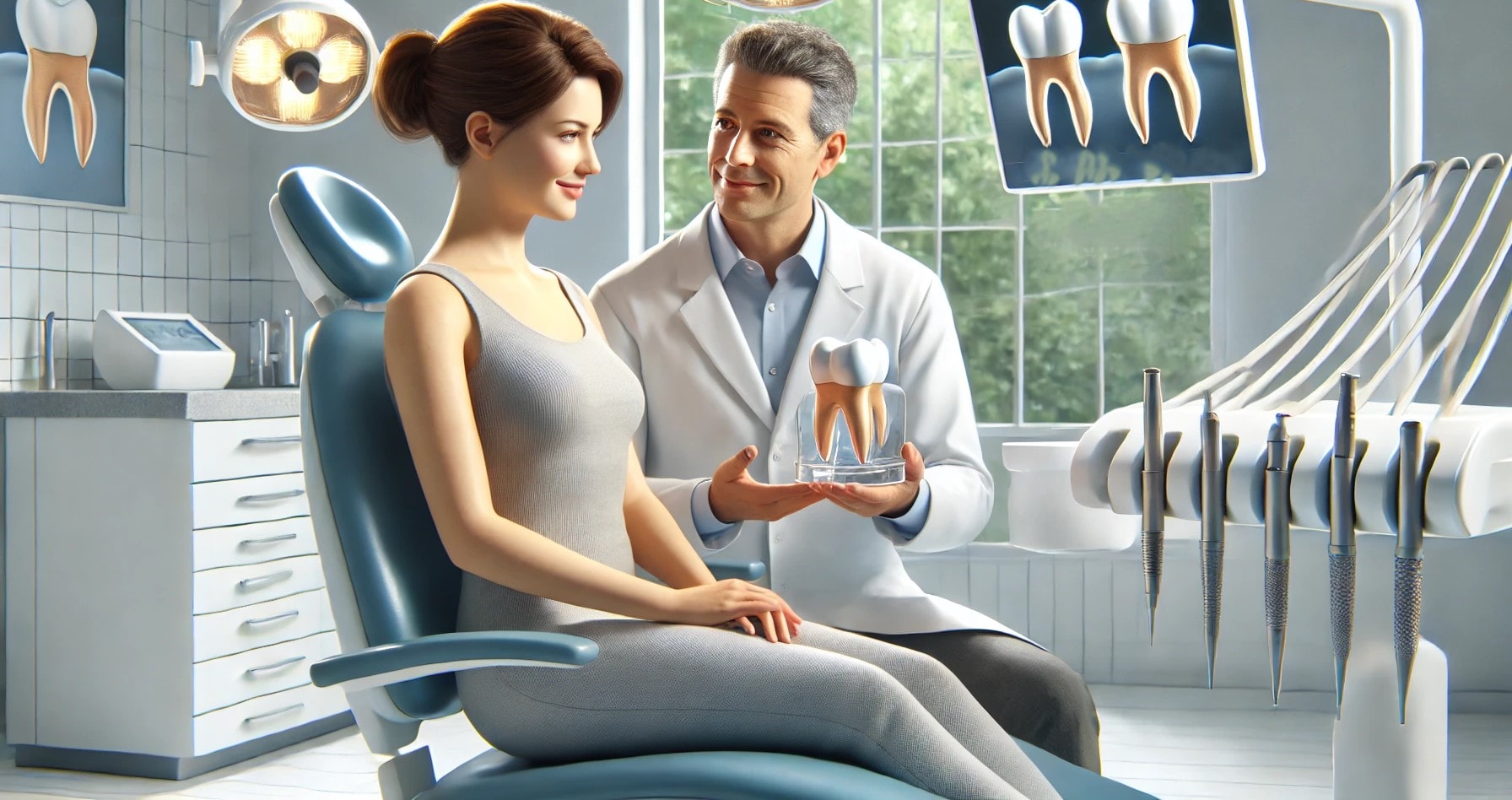 "Patient discussing dental implants with dentist in a modern, bright clinic with a view of a garden."