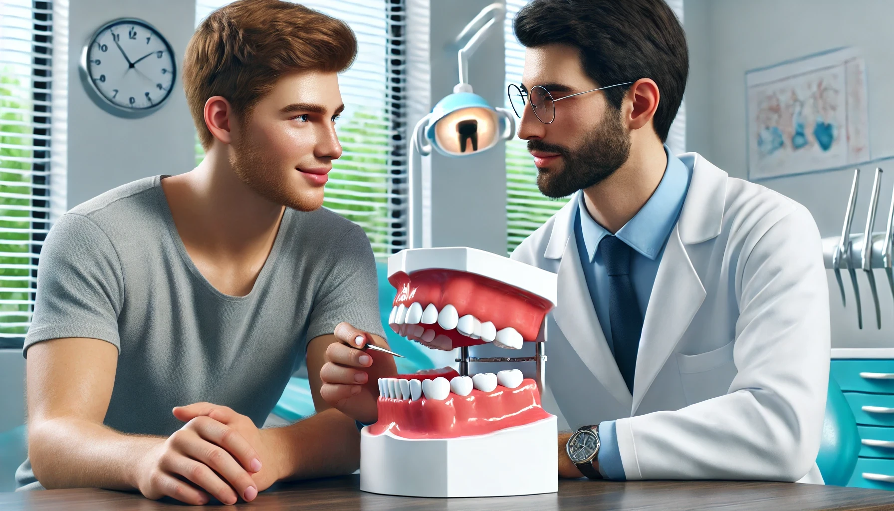 A patient consulting with a dentist about gap teeth correction in a clean, modern dental clinic, with the focus on their discussion."