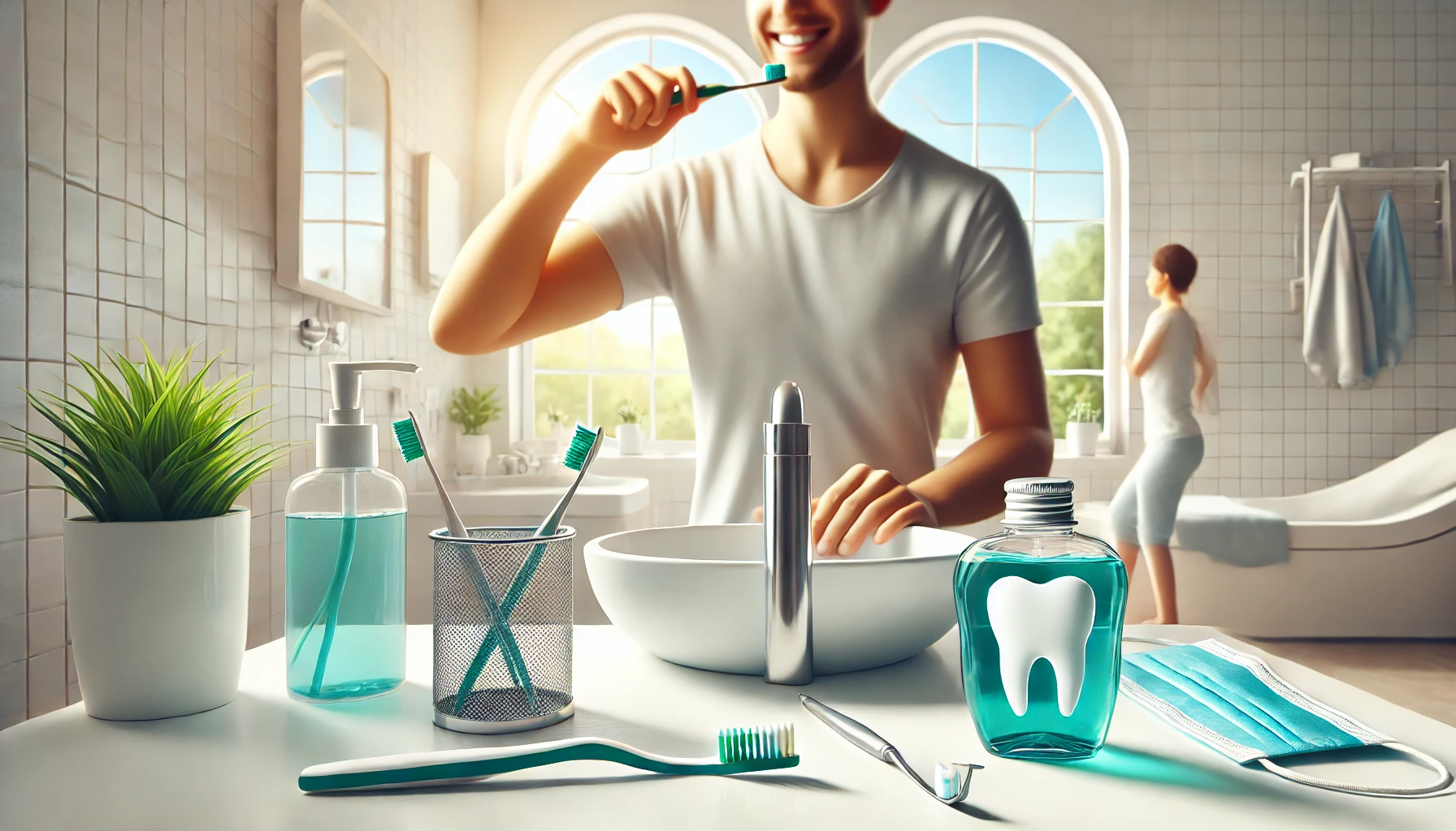 A person brushing their teeth in a clean bathroom with dental floss and mouthwash nearby, showing a full oral care routine after treatment."