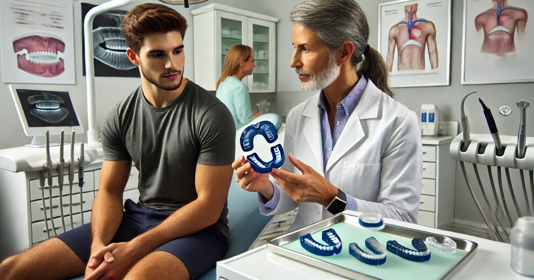 Dentist demonstrating a custom-fit mouth guard to an athlete in a modern dental clinic for protection."