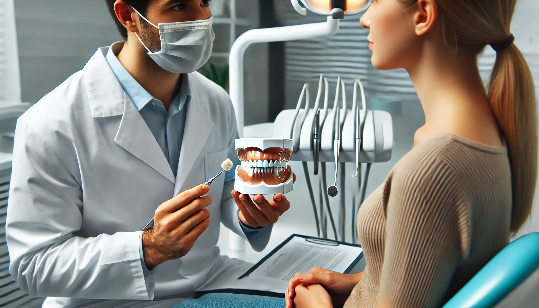 "Dentist explaining the frequency of teeth polishing to a patient in a clean, modern clinic, highlighting the importance of regular dental care."