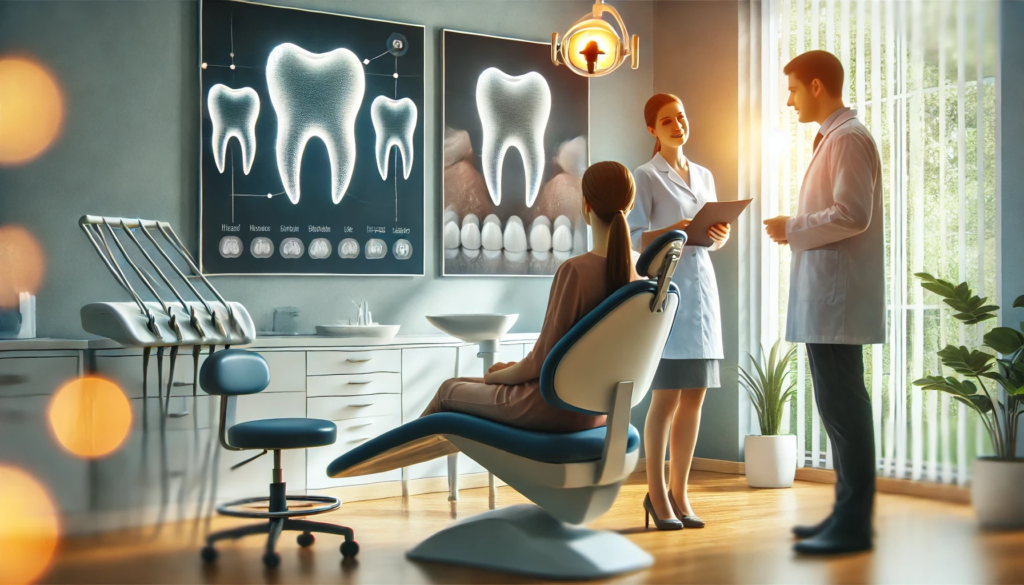 A wisdom teeth consultation room with a patient and staff discussing wisdom teeth, creating a calm and stress-free atmosphere.