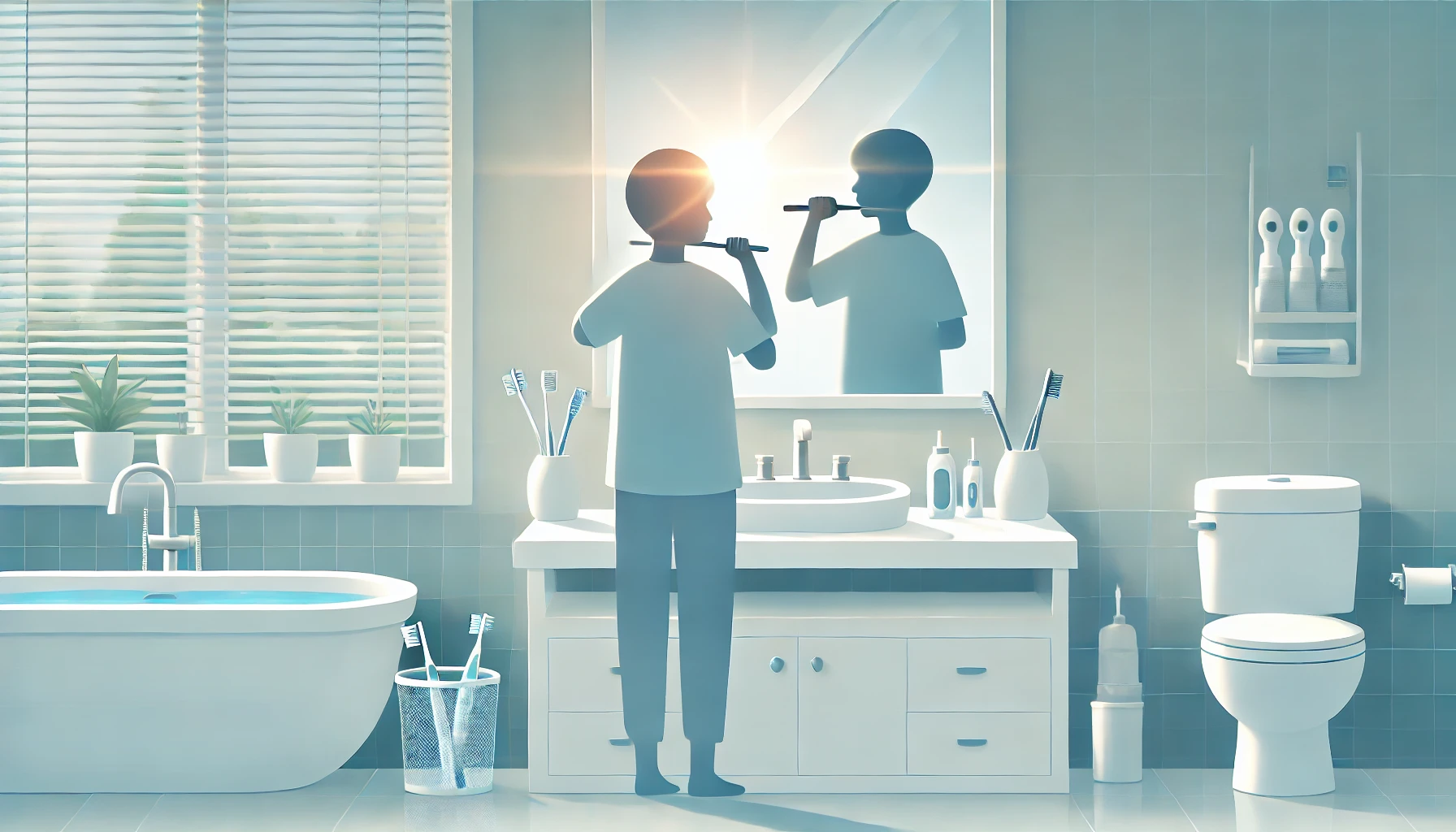 "Bright bathroom with a person brushing teeth in front of a mirror, highlighting the importance of oral hygiene for maintaining healthy teeth."