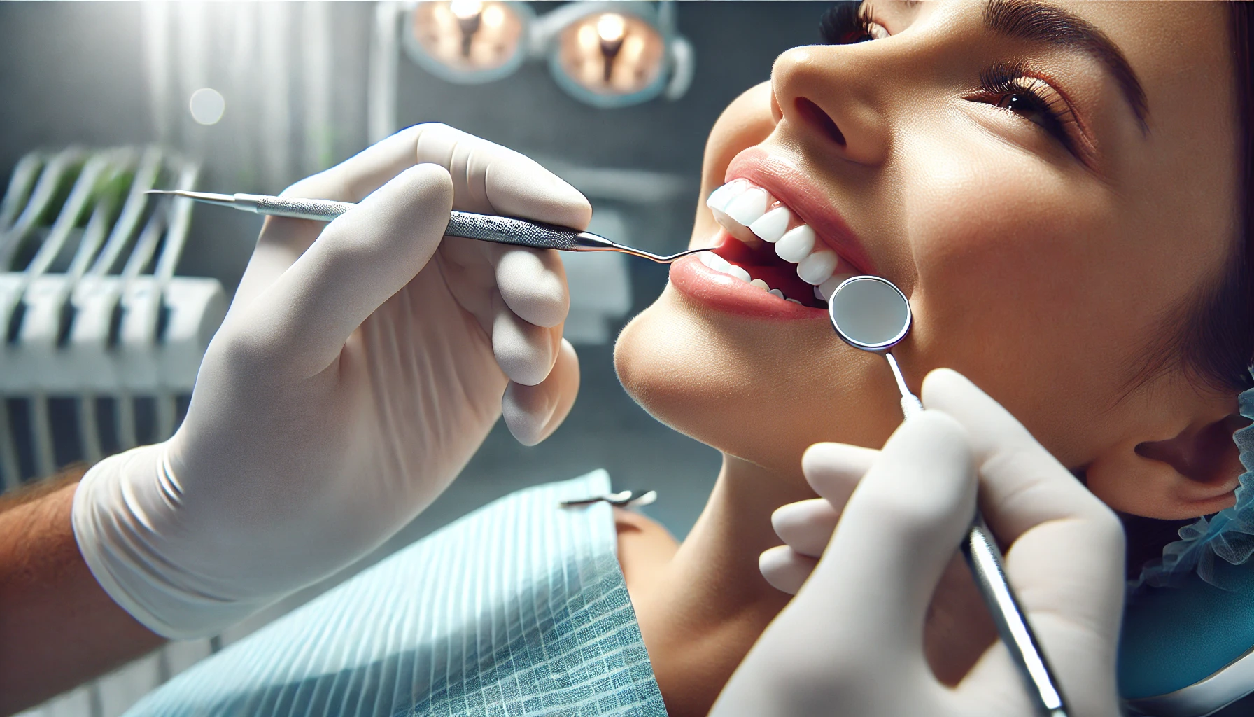 A close-up of a dental cleaning procedure in a bright clinic, showing plaque removal from a patient's teeth to promote oral health."