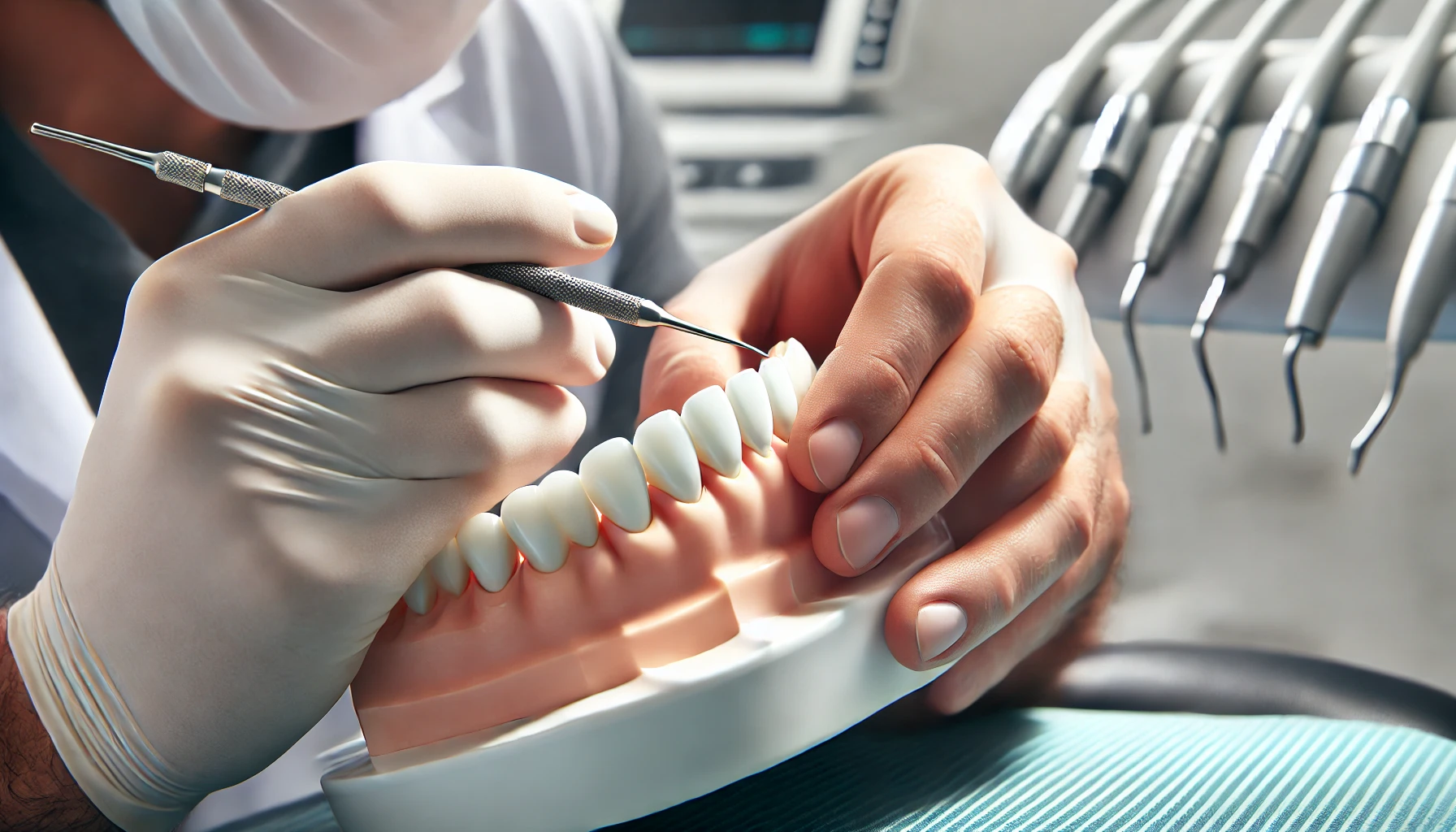 "Dentist applying porcelain veneers to a patient's teeth in a bright, modern dental clinic, focusing on care, precision, and expertise."