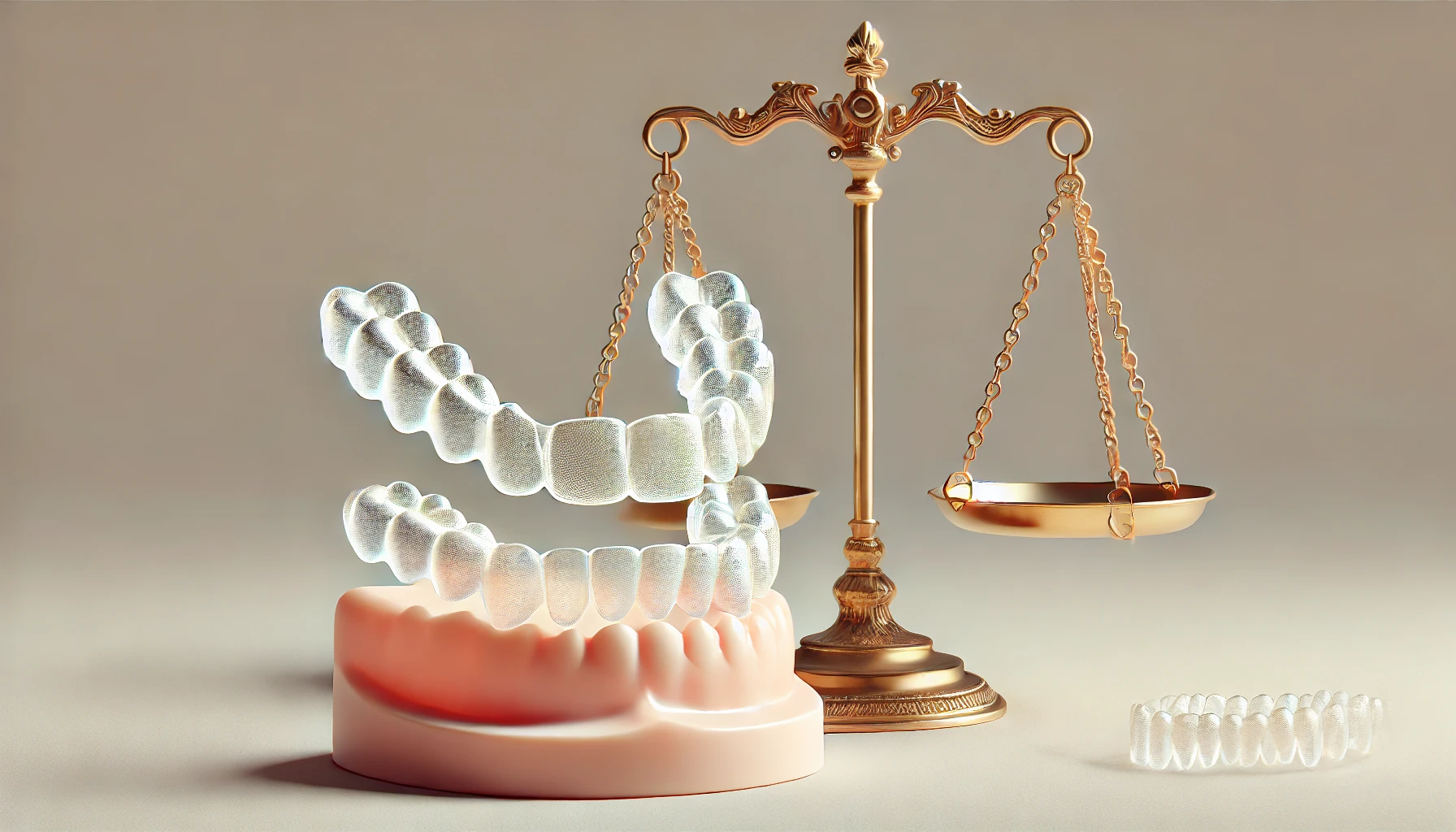 Clear aligners on a dental model with a balance scale symbolizing the comparison of cost and benefits."