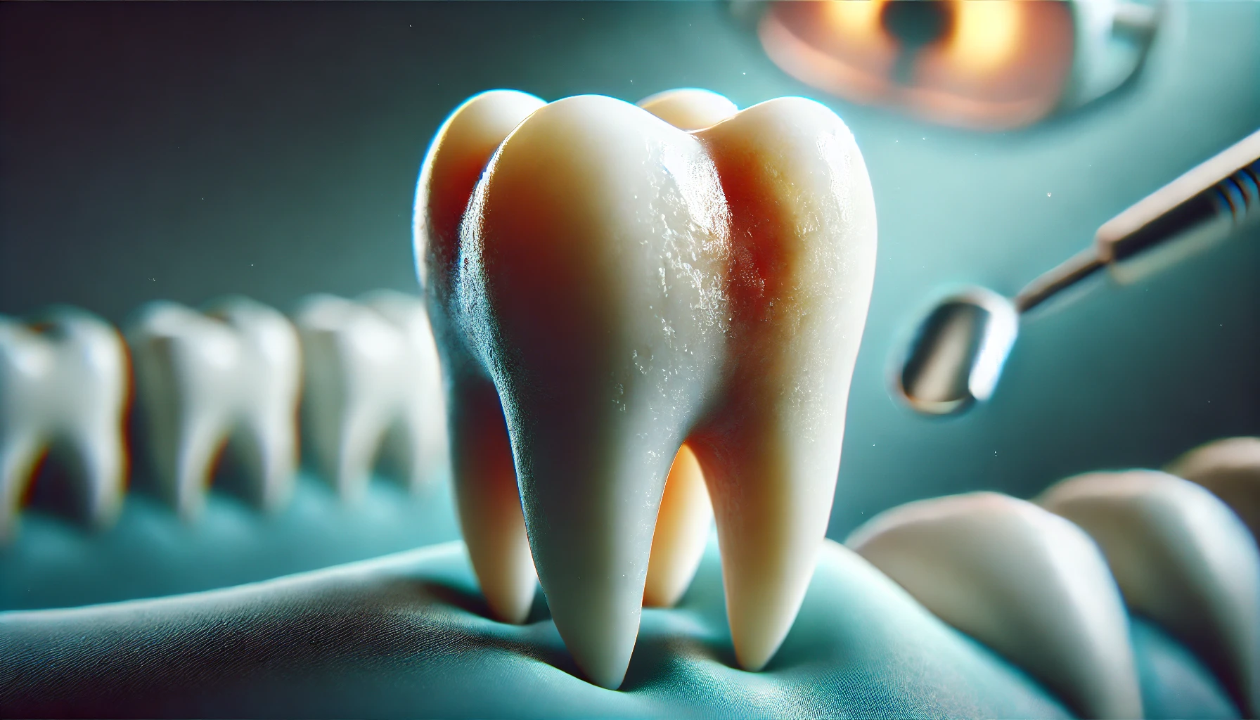 "Close-up of a tooth with visible enamel erosion, highlighting the worn and discolored surface, symbolizing enamel damage in a dental setting."