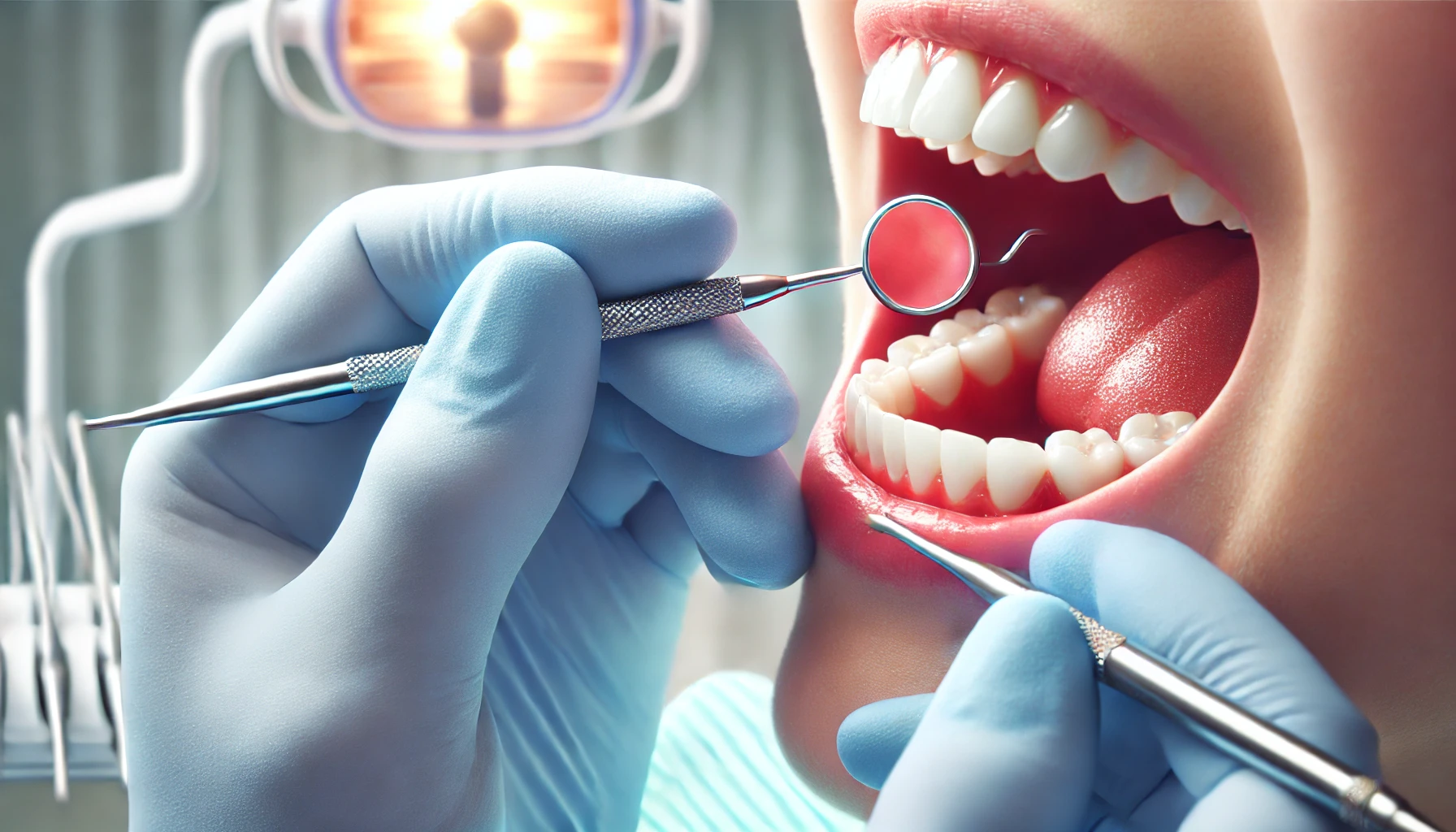 Close-up of a dental professional examining a patient's gums with tools, focusing on early signs of gum disease like redness and swelling