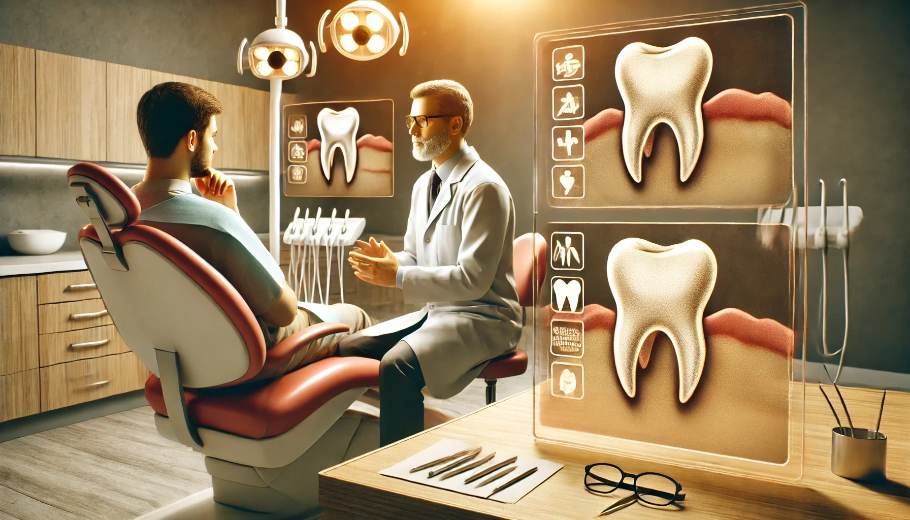  A dental consultation room where a dentist explains wisdom teeth options to a patient, highlighting the importance of evaluation.