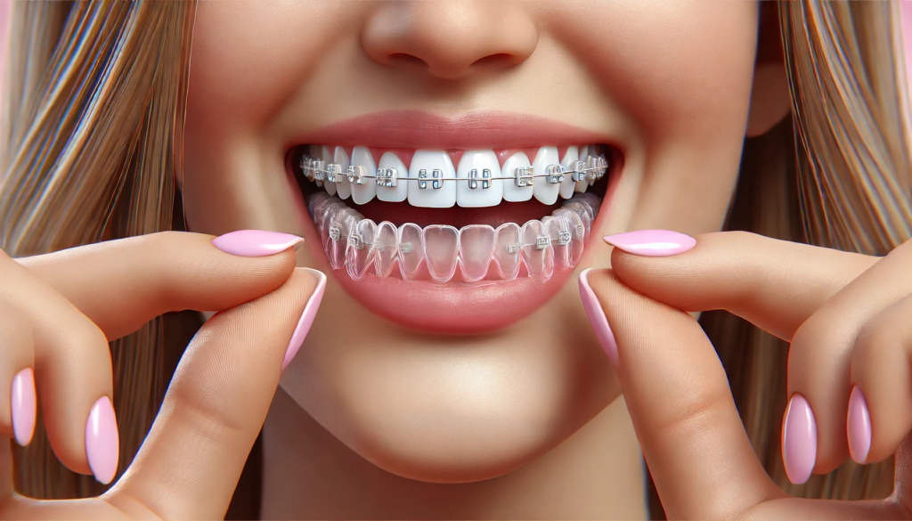 Illustration of teeth with braces or clear aligners, showcasing the transformation from crooked to straight with personalized orthodontic care."