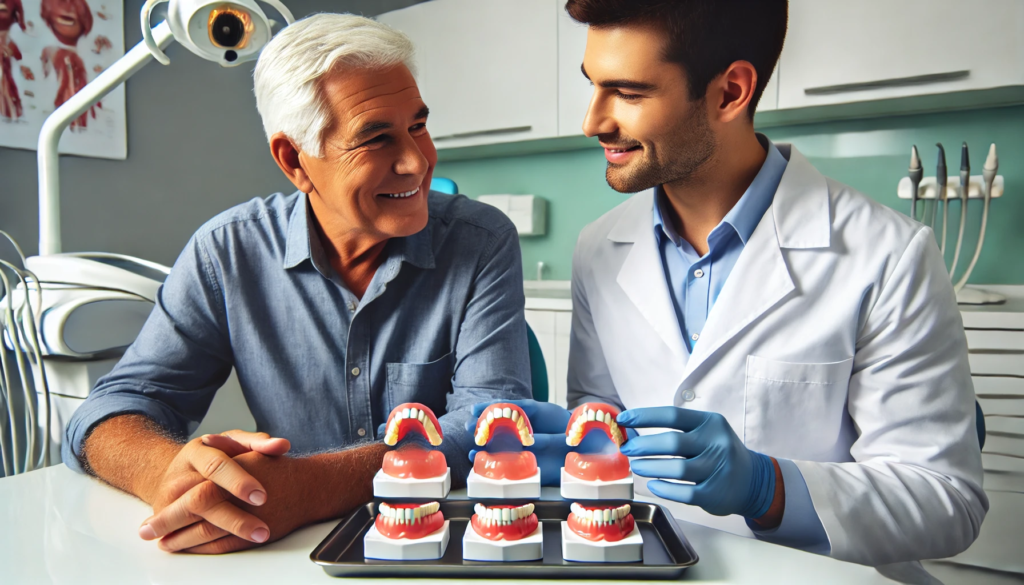 A dental professional presenting various denture options to a patient in a clean, modern office, helping them choose the right dentures.