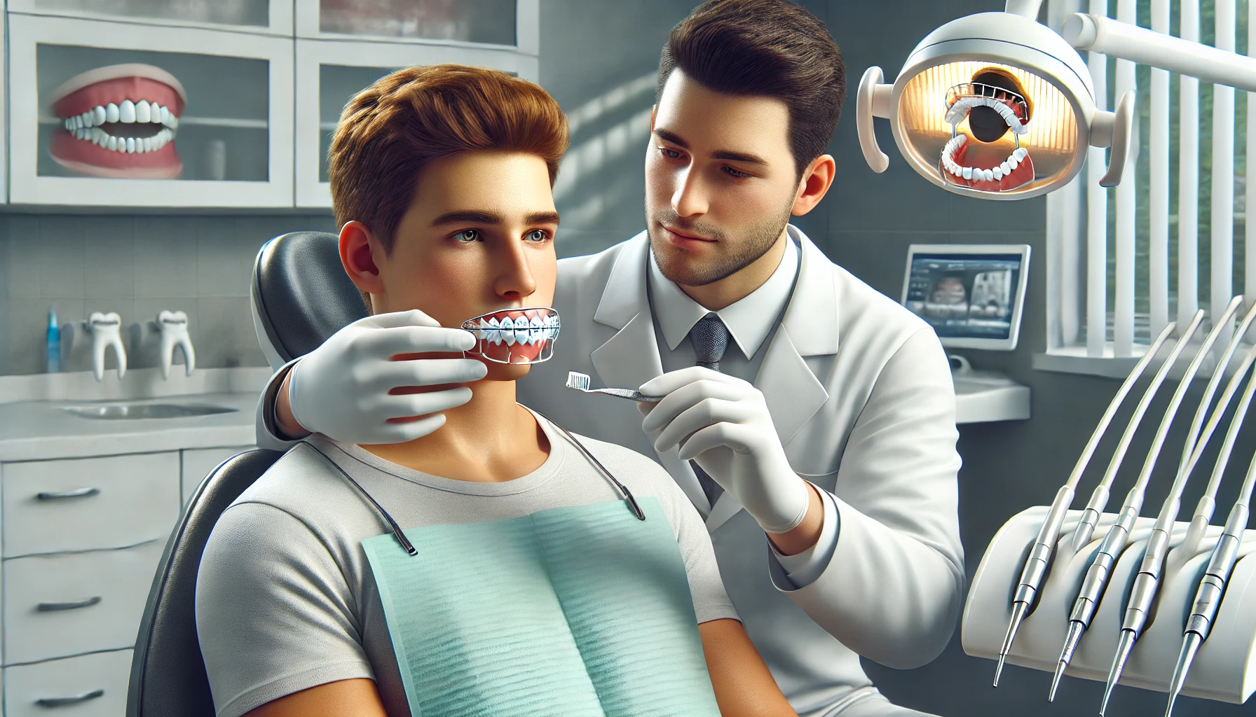 A patient receiving advice from a dentist on maintaining their results after gap teeth correction in a modern dental clinic setting."