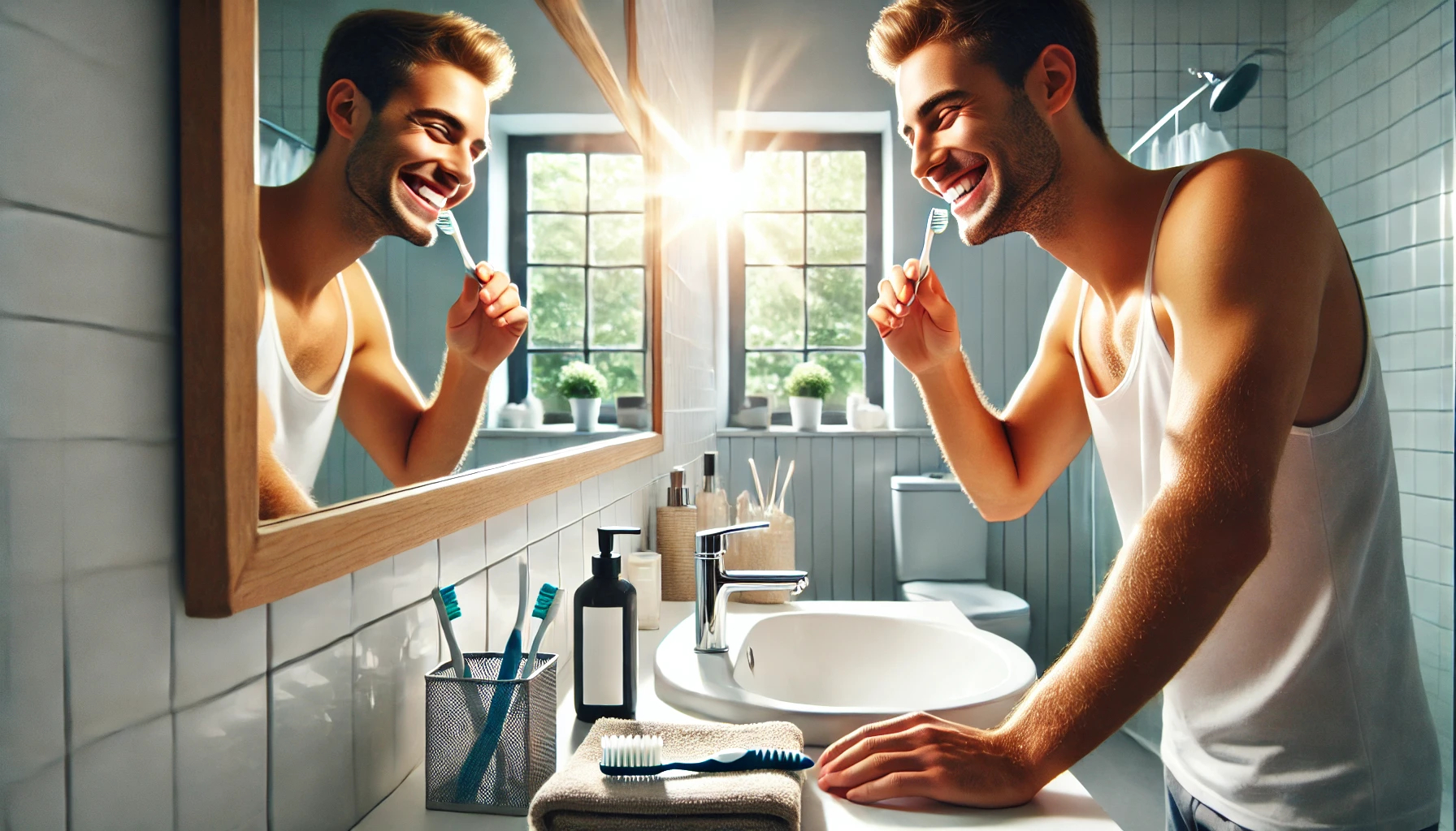 "Person brushing teeth in a bright, modern bathroom with a focus on maintaining a clean smile after teeth whitening treatment.