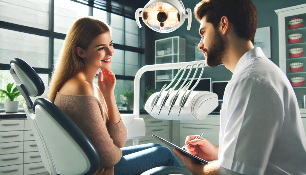 "Dentist consulting with a patient in a calm, modern dental clinic, focusing on solutions for teeth grinding in a supportive environment."