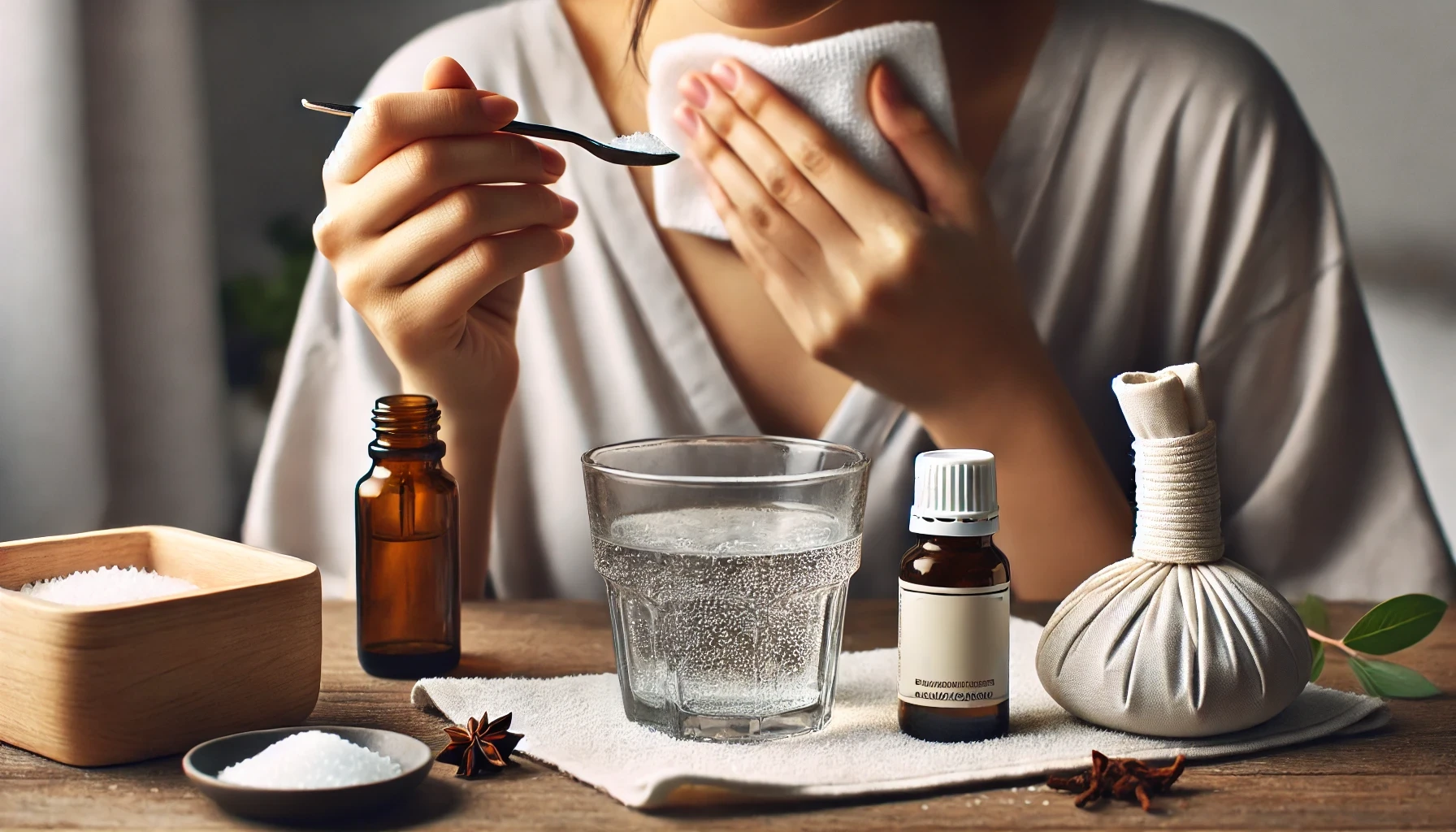 A person using a saltwater rinse for tooth pain relief, with natural remedies like clove oil and a cold compress nearby in a calm home setting.