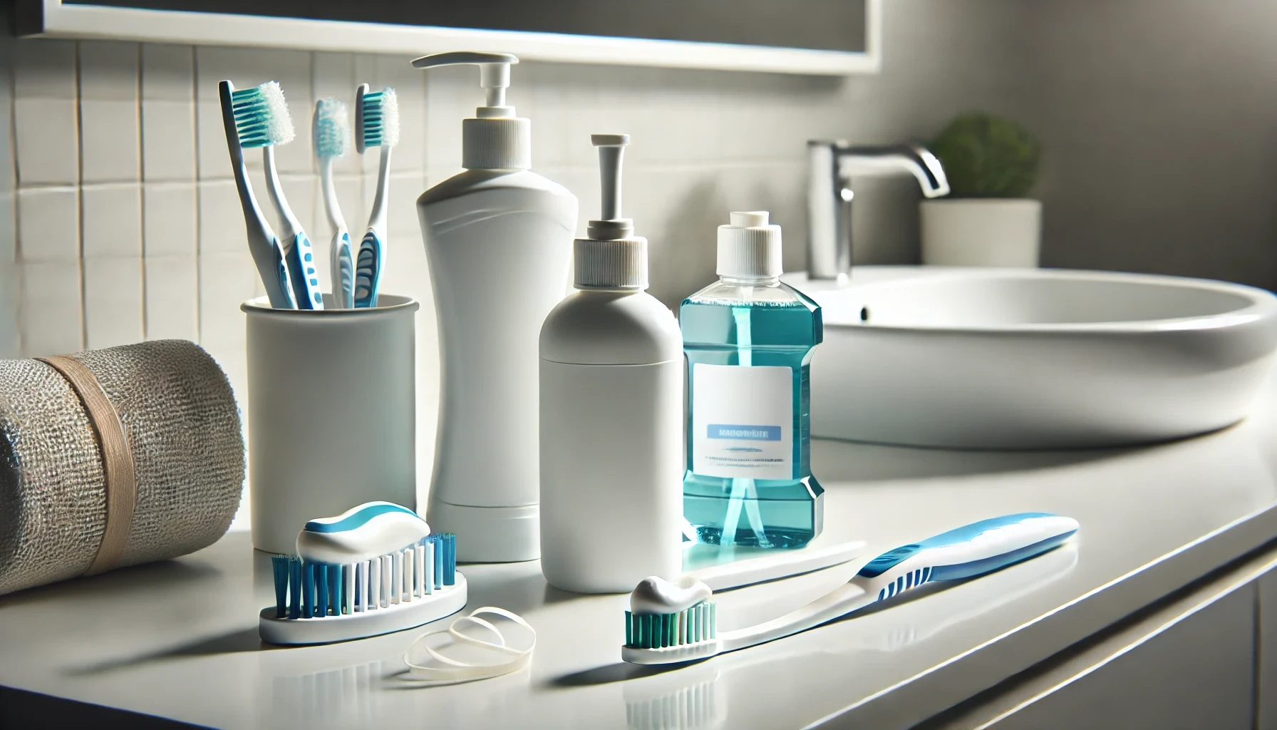 "Bathroom countertop with oral care products including a toothbrush, toothpaste, floss, and mouthwash, promoting effective oral hygiene."