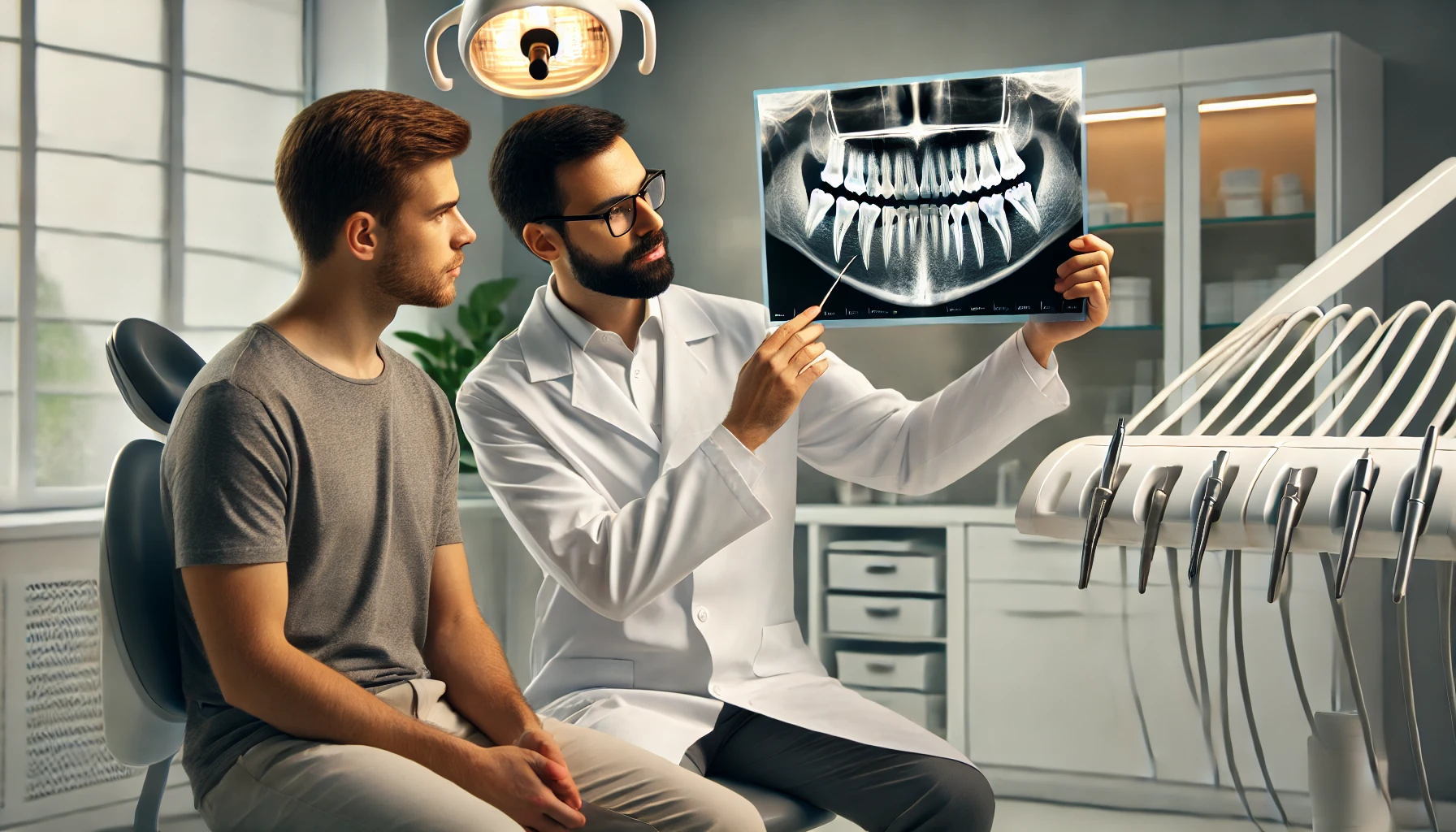 "A dentist explains the importance of wisdom tooth removal to a patient, pointing to an X-ray, highlighting long-term dental health."