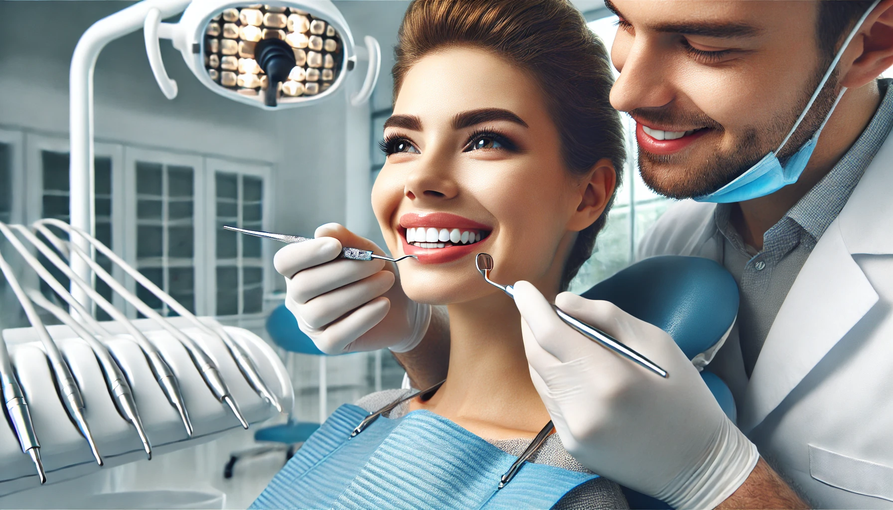 Dentist performing cosmetic dental work on a smiling patient in a clean, modern clinic, highlighting personalized care and precision."