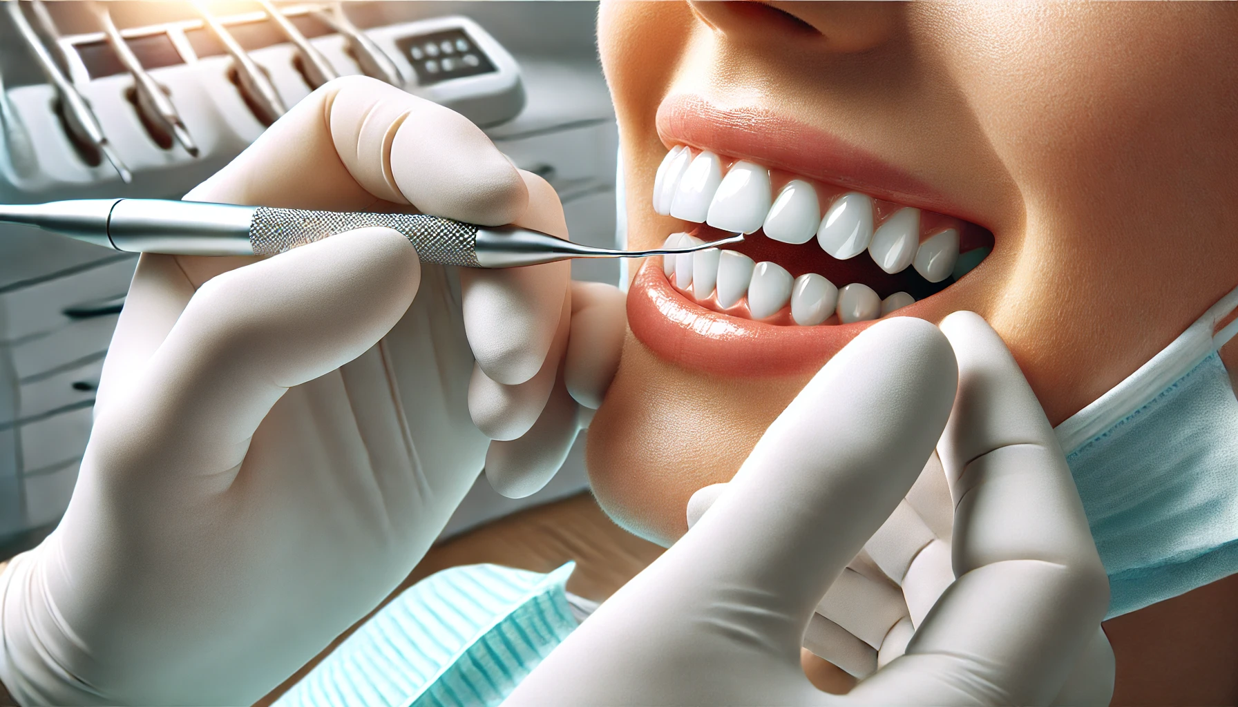 "A close-up of a dentist applying composite bonding to a patient's teeth, focusing on how it improves the appearance of the teeth."