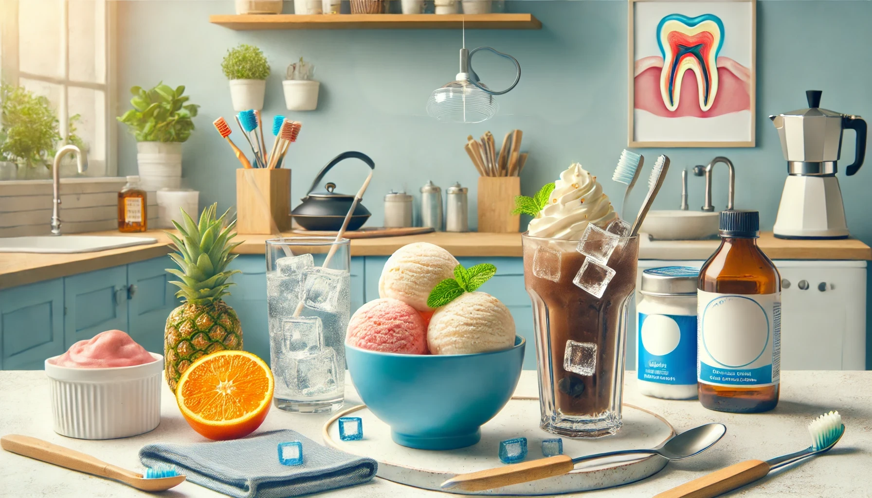 A bowl of ice cream and a cold drink on a kitchen counter, with dental care items nearby, showing sensitive teeth care.