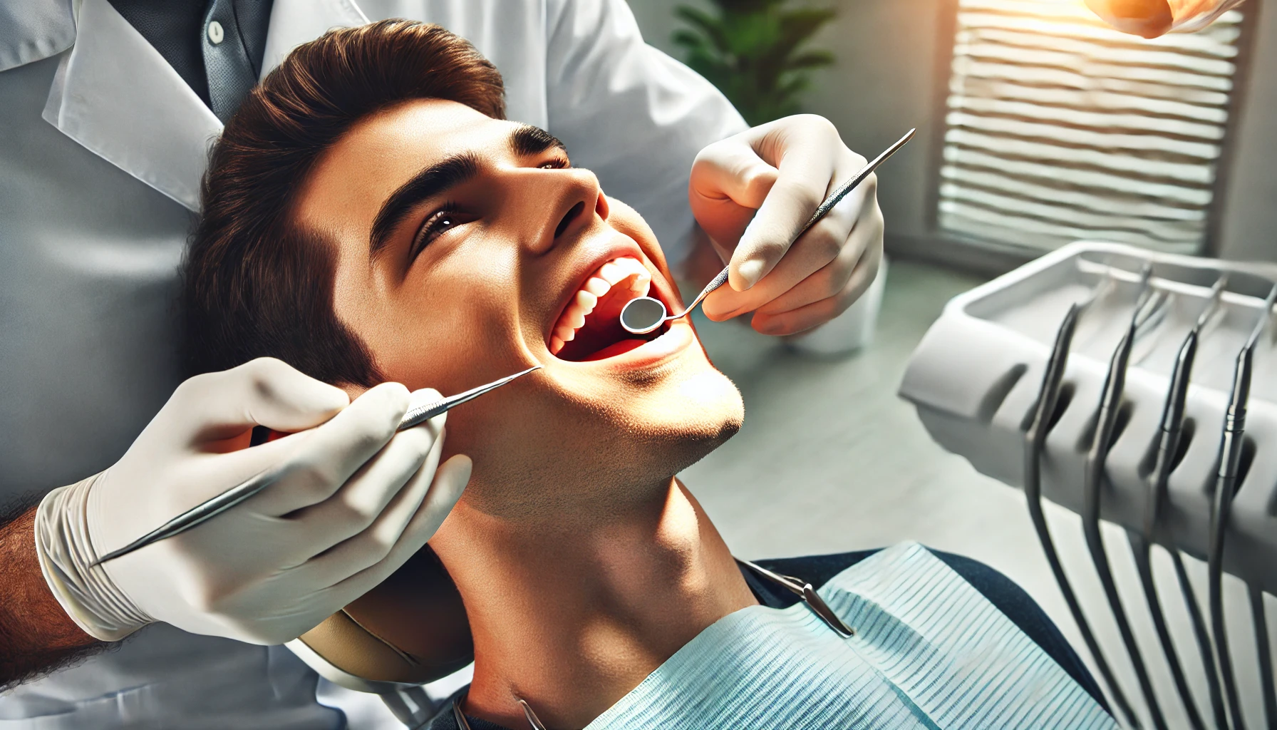 "Patient receiving a routine dental check-up in a modern clinic, highlighting the importance of regular visits for maintaining oral health."