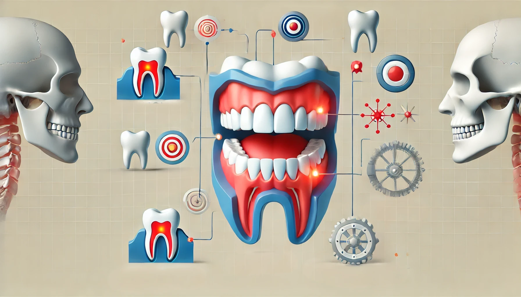 "Visual showing causes of jaw pain, including misaligned teeth, stress, and TMJ issues.