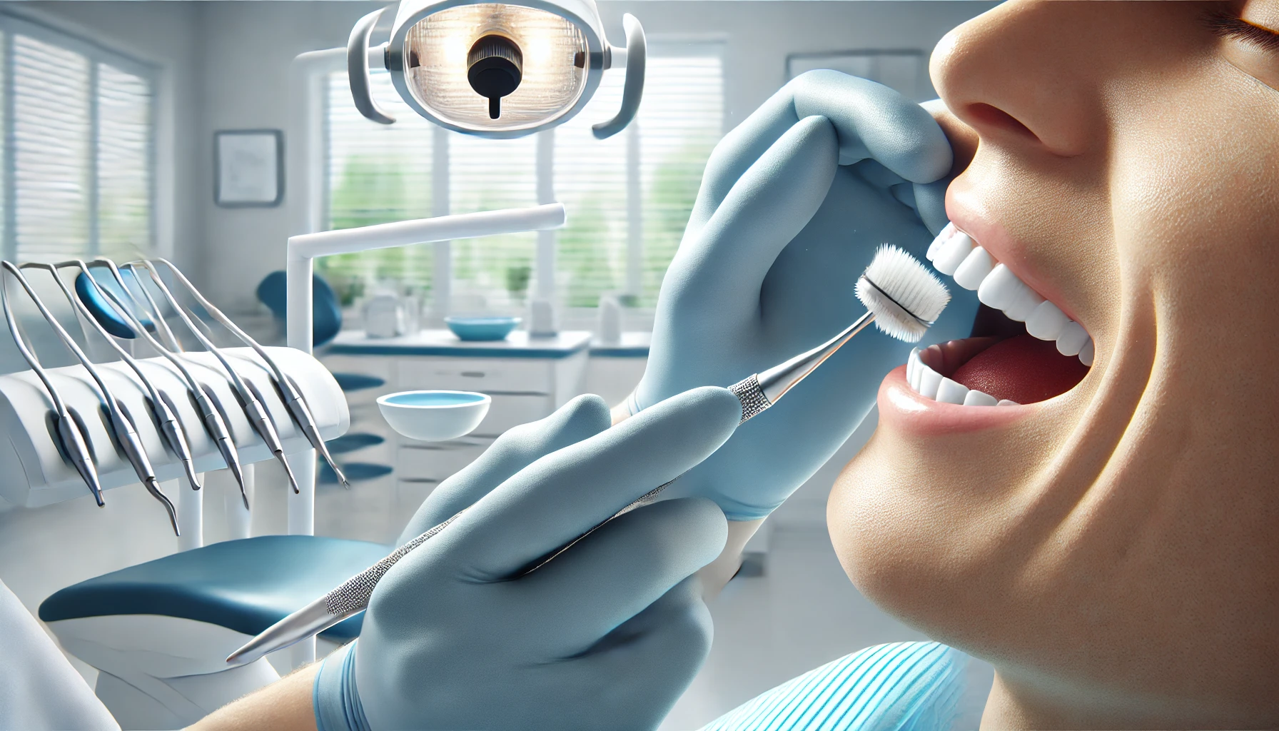 "Dentist performing teeth polishing on a patient in a clean, modern clinic, highlighting the importance of the procedure for maintaining oral health."