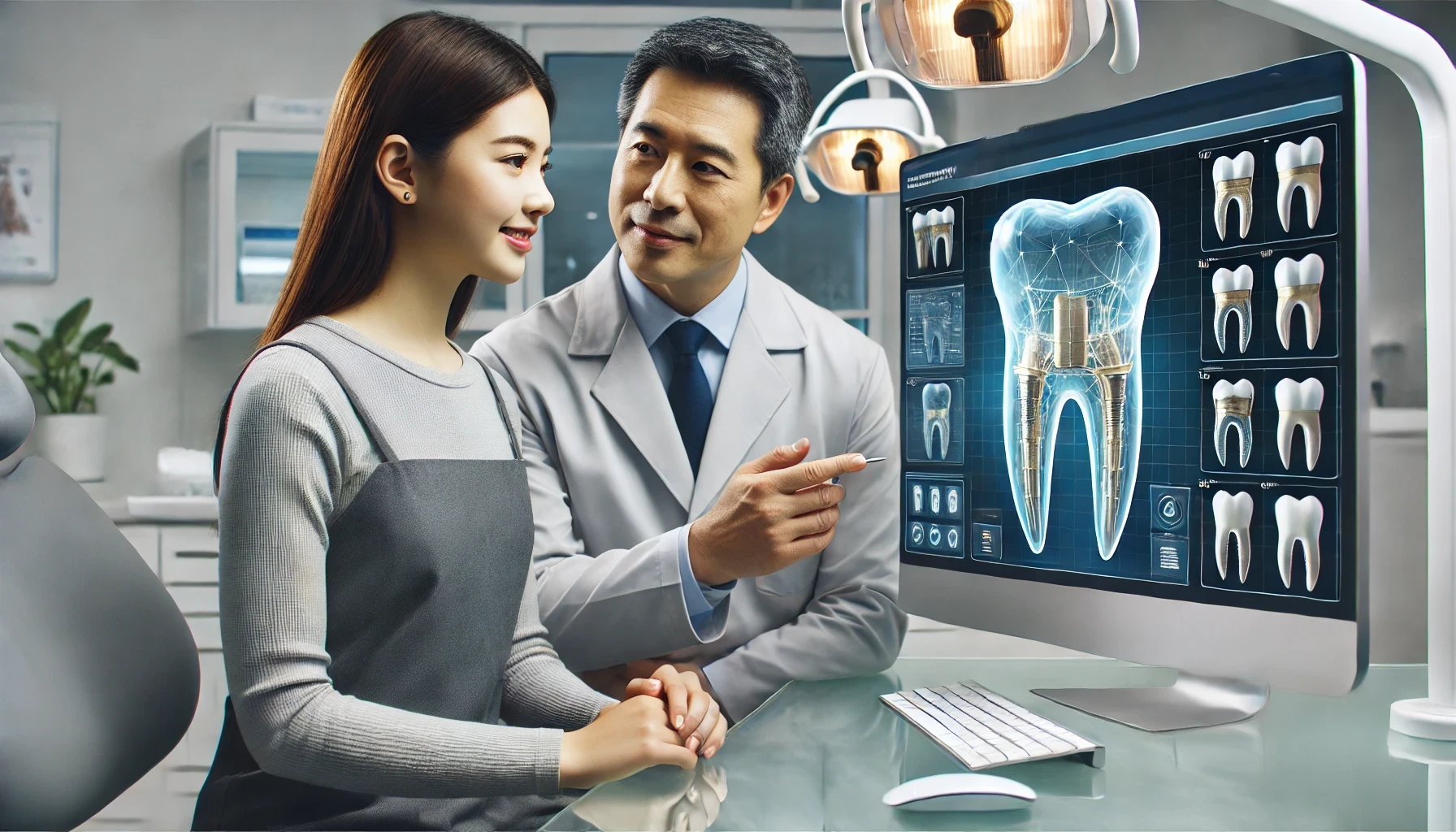 Dentist explaining dental implant technology to patient in high-tech office."