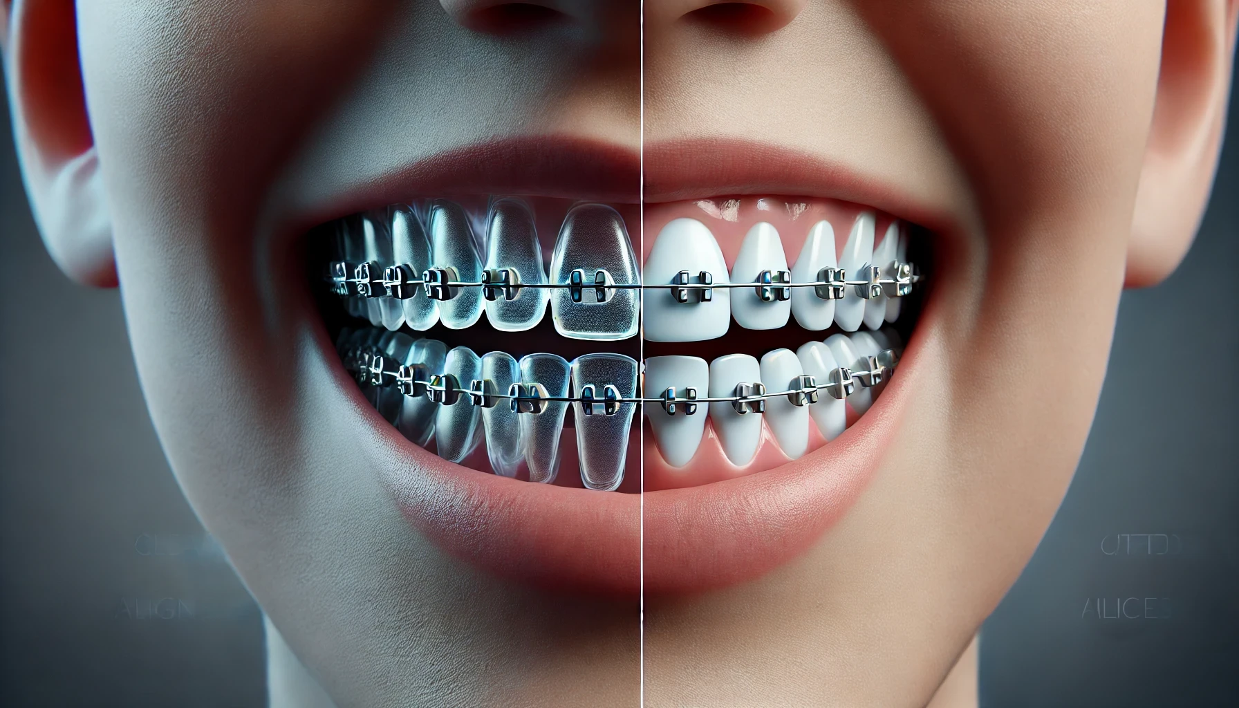 Side-by-side comparison of clear aligners and metal braces, showing the near invisibility of aligners vs. the visible metal brackets."