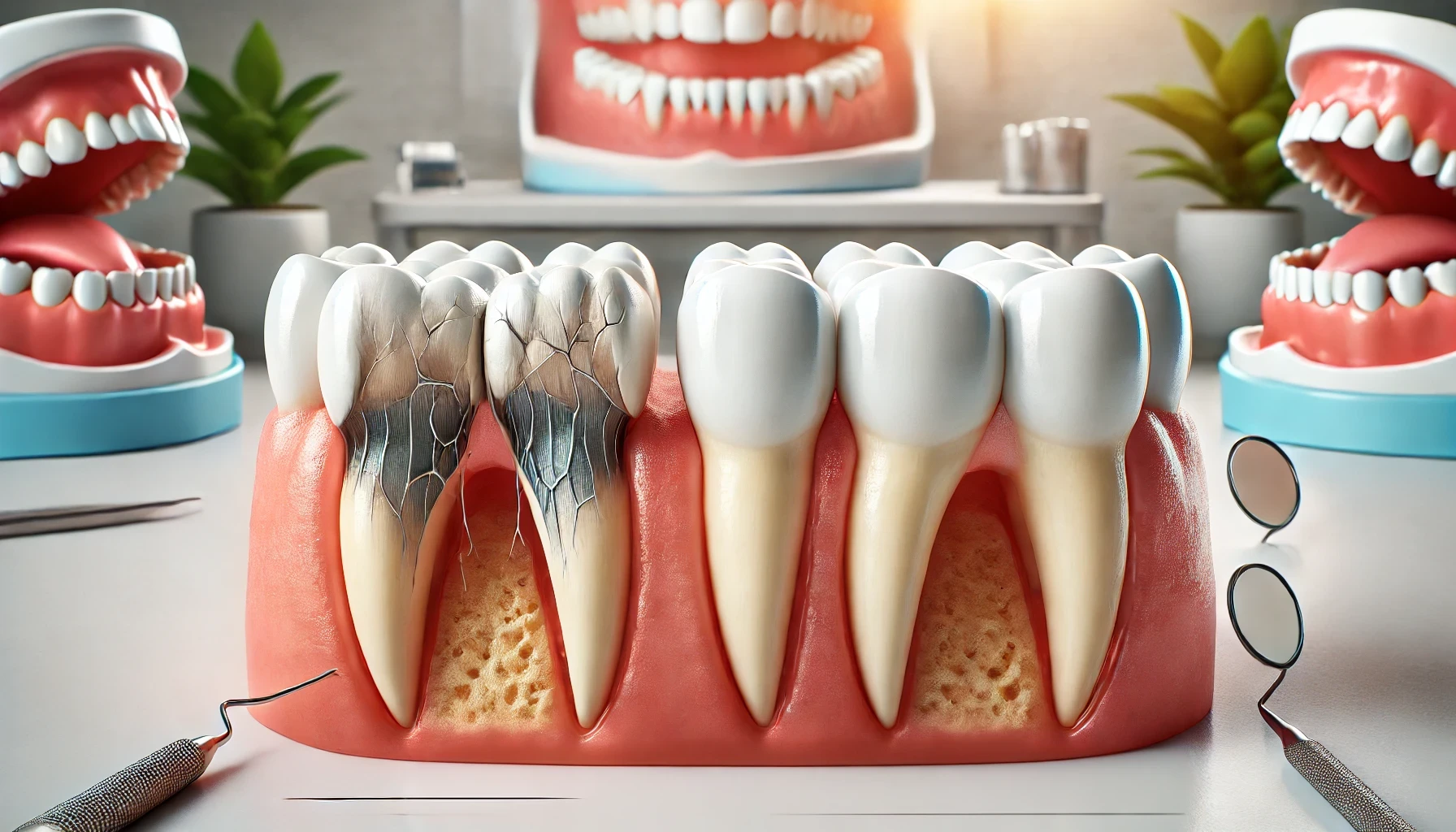 "Illustration showing a damaged dental bridge with cracks and a new bridge on healthy teeth in a dental office setting."