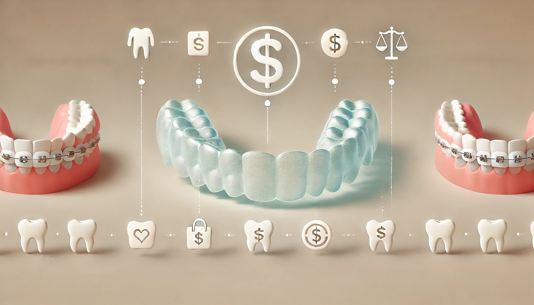 Visual comparison of clear aligners with icons representing benefits like comfort and aesthetics. nye gang behandling mer