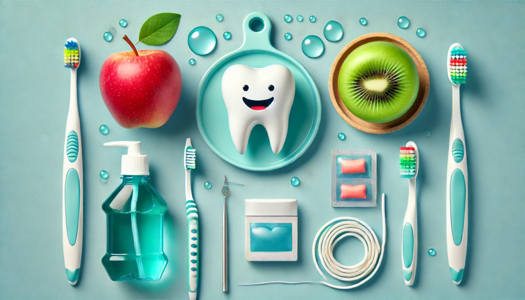 A visually appealing composition of dental hygiene education tips: toothbrush, floss, mouthwash, and fresh fruits on a blue background.