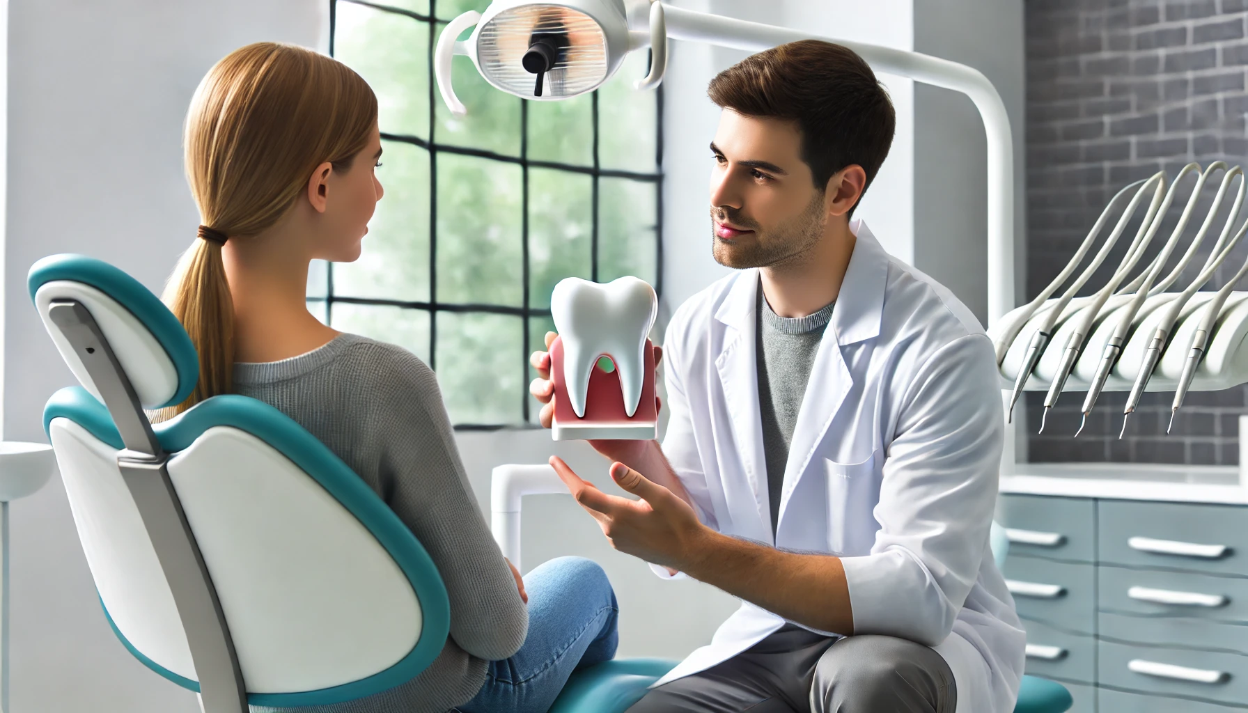 Dentist explaining dental bonding to a patient using a dental model in a clean, modern clinic, focusing on patient education and repair options."