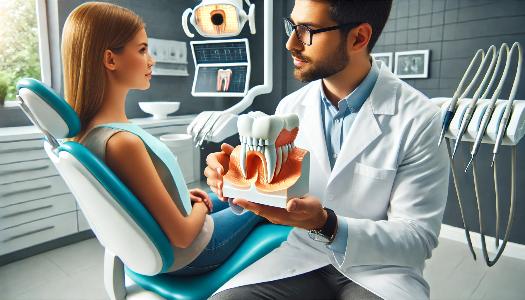 "Dentist explaining a cosmetic teeth reshaping procedure to a patient using a dental model in a modern, professional clinic setting."