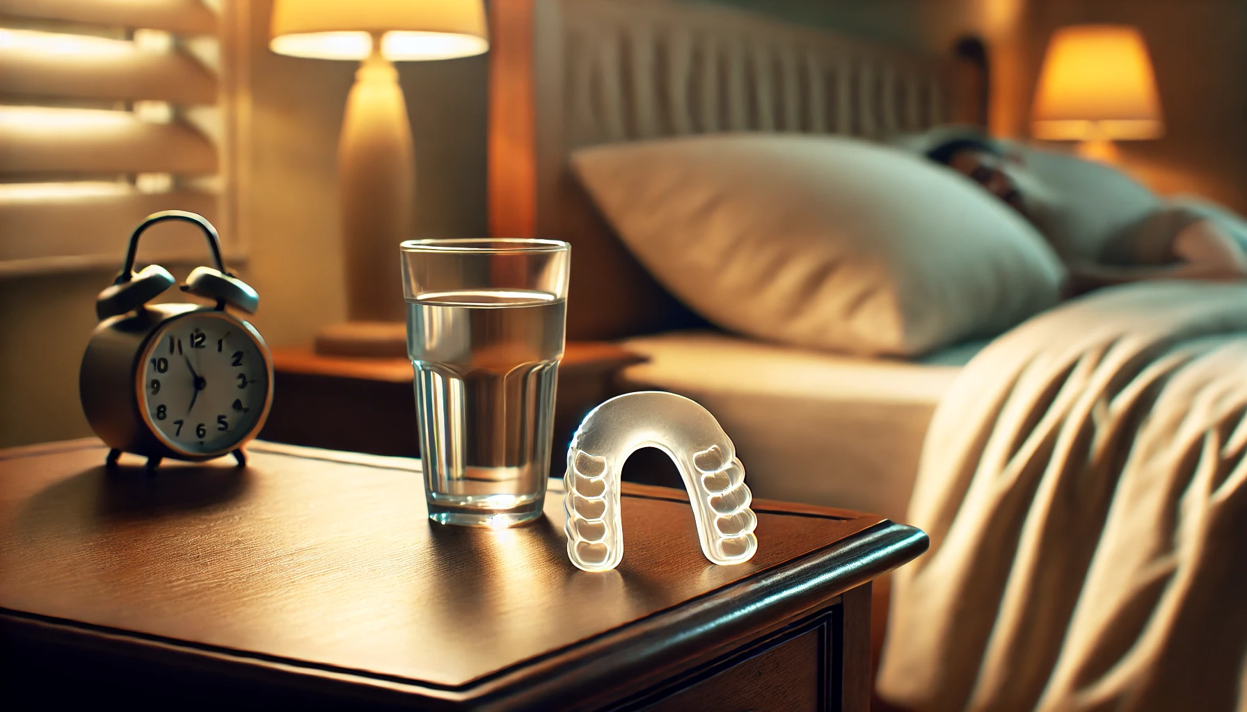 Close-up of a night guard on a bedside table next to a glass of water, symbolizing protection from teeth grinding during sleep."