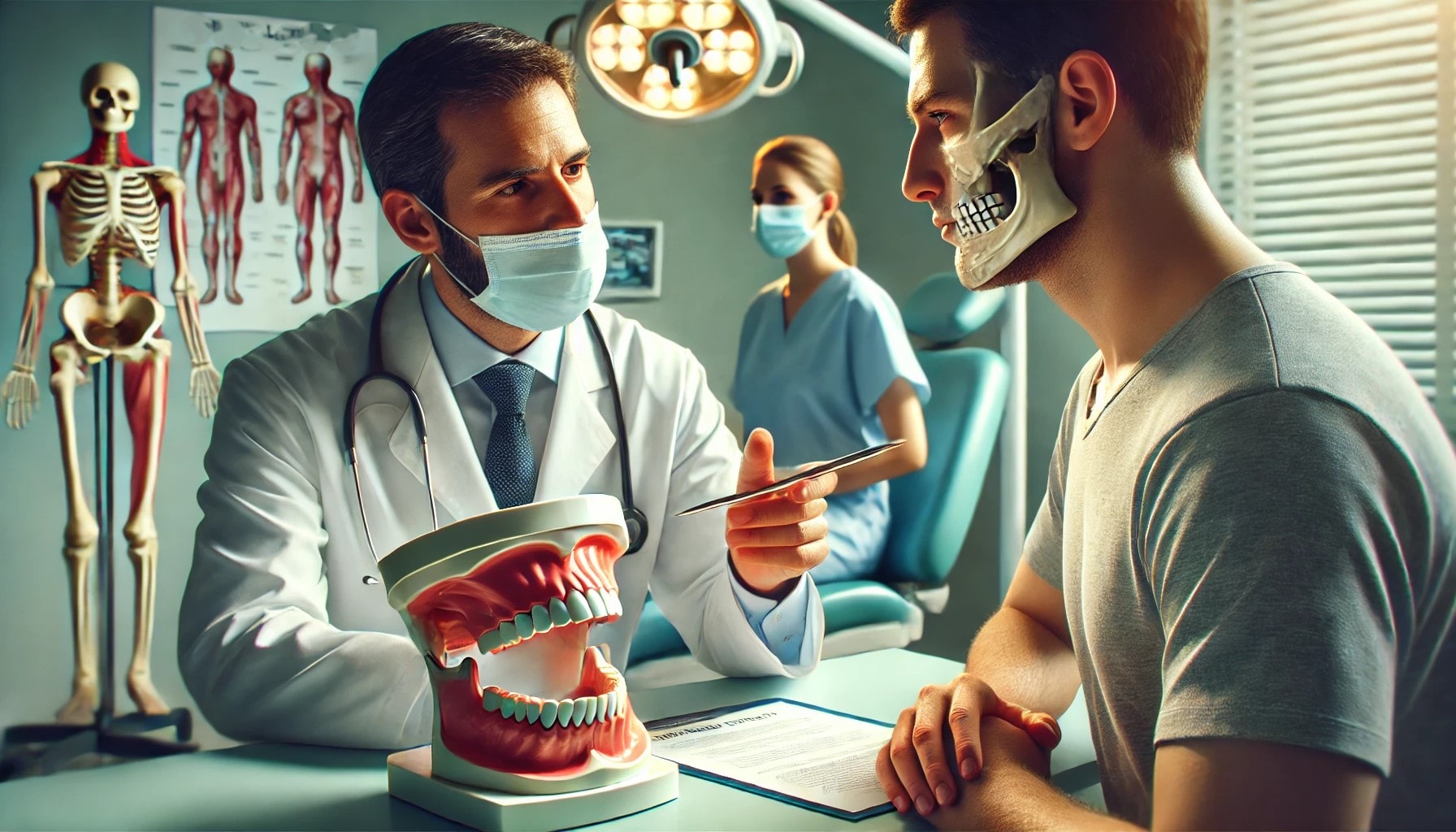 A medical professional consults with a patient about TMJ surgery, showing an anatomical jaw model in a clinical setting."