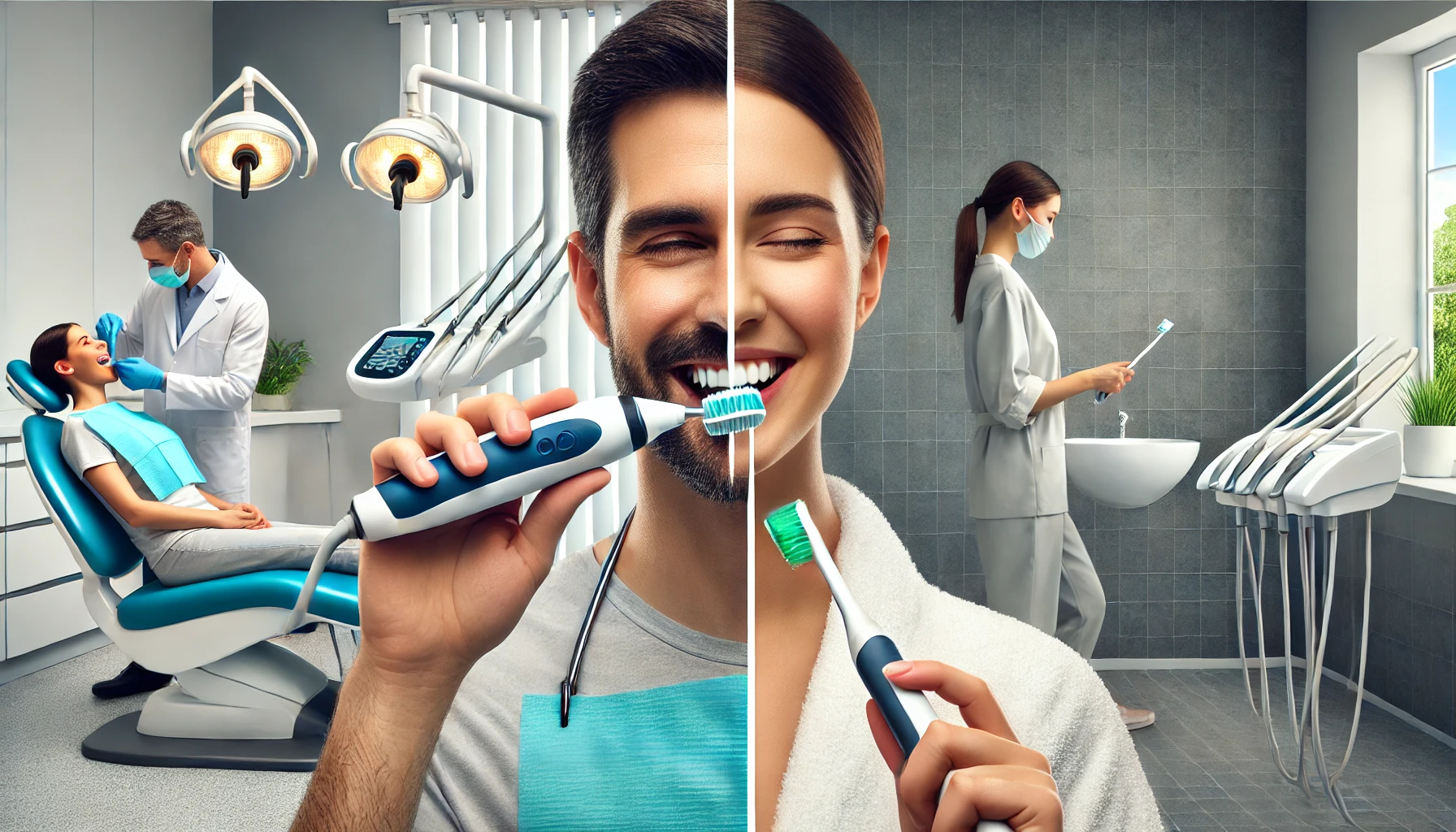 "Split image showing professional teeth polishing in a clinic versus at-home polishing with an electric toothbrush, highlighting key differences."