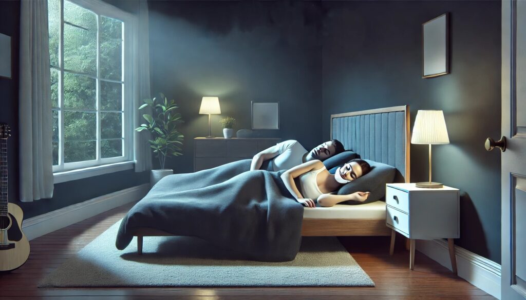 Peaceful bedroom scene with a couple sleeping, one wearing an anti-snoring device."