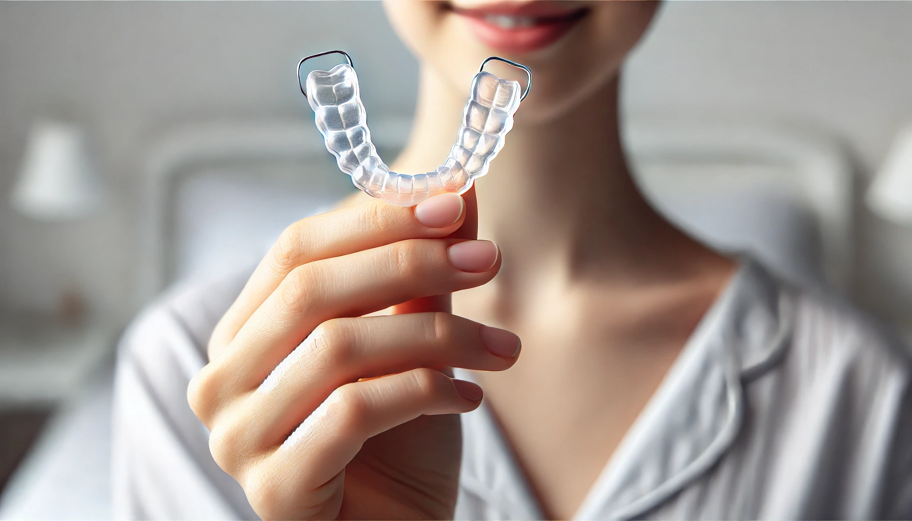 Close-up of a person holding a clear dental retainer, highlighting its transparent design and importance in maintaining teeth alignment