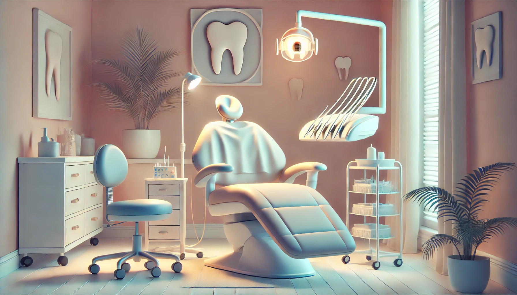 A calm dental clinic room with a comfortable chair, soft lighting, and pastel colors, designed to evoke comfort and ease dental fear