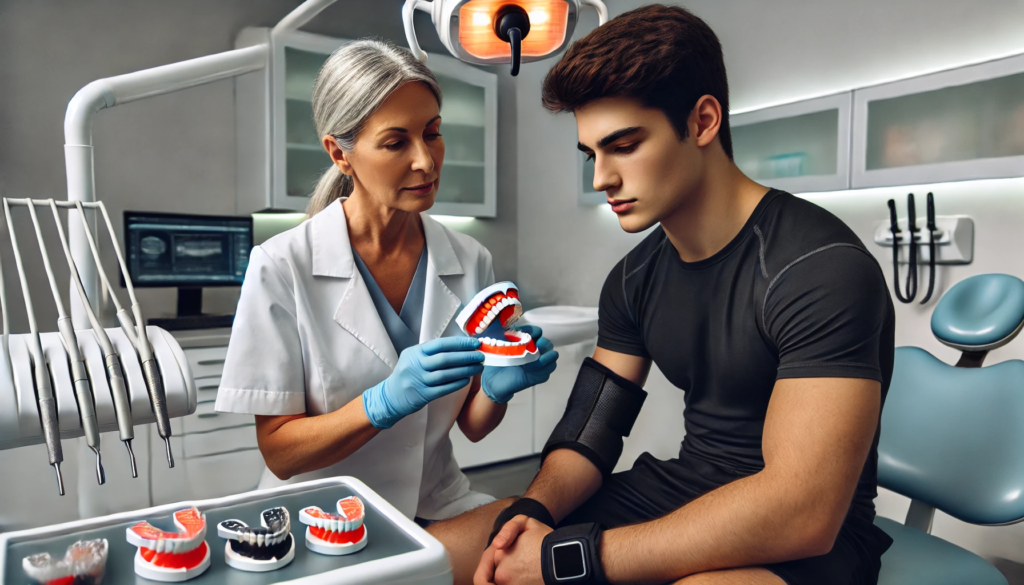 Dentist fitting custom mouth guards on an athlete in a modern, well-equipped dental clinic."