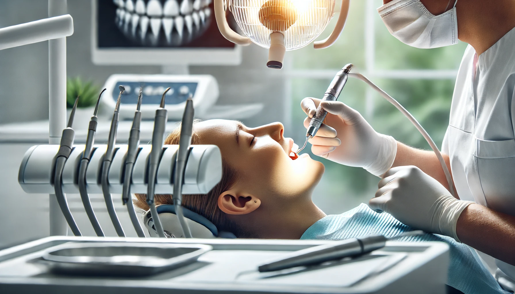 "Dentist performing a cosmetic teeth reshaping procedure in a clean, modern dental clinic with specialized tools and equipment."