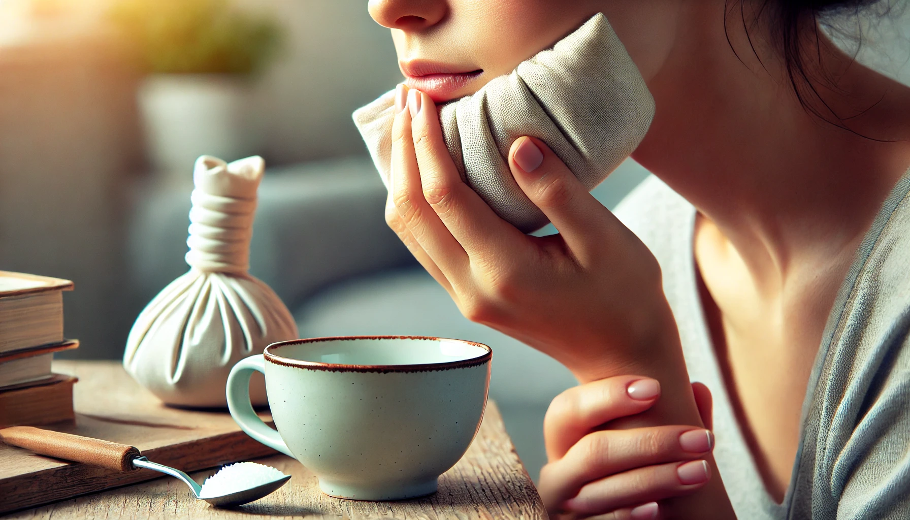 A person applying a cold compress to their jaw in a calm home environment, using simple remedies for quick toothache relief.