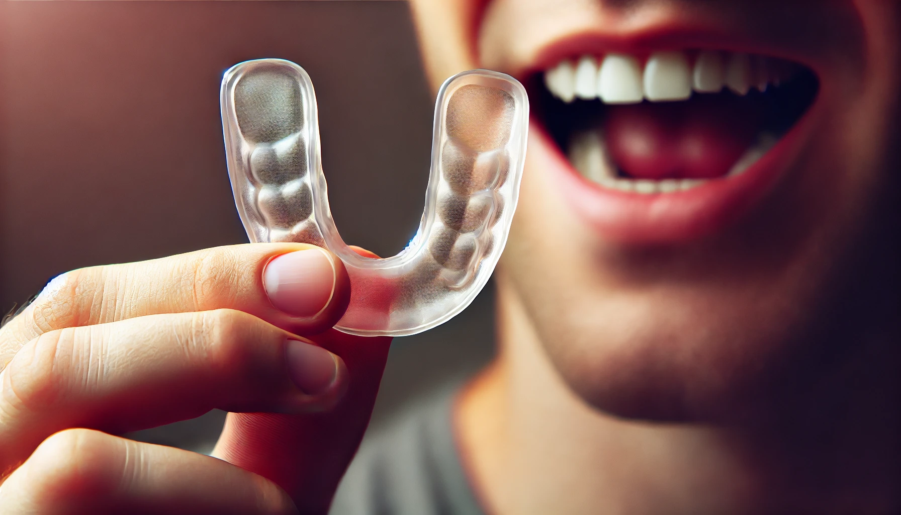 "Close-up of a person holding a translucent night guard near their mouth, symbolizing protection from teeth grinding."