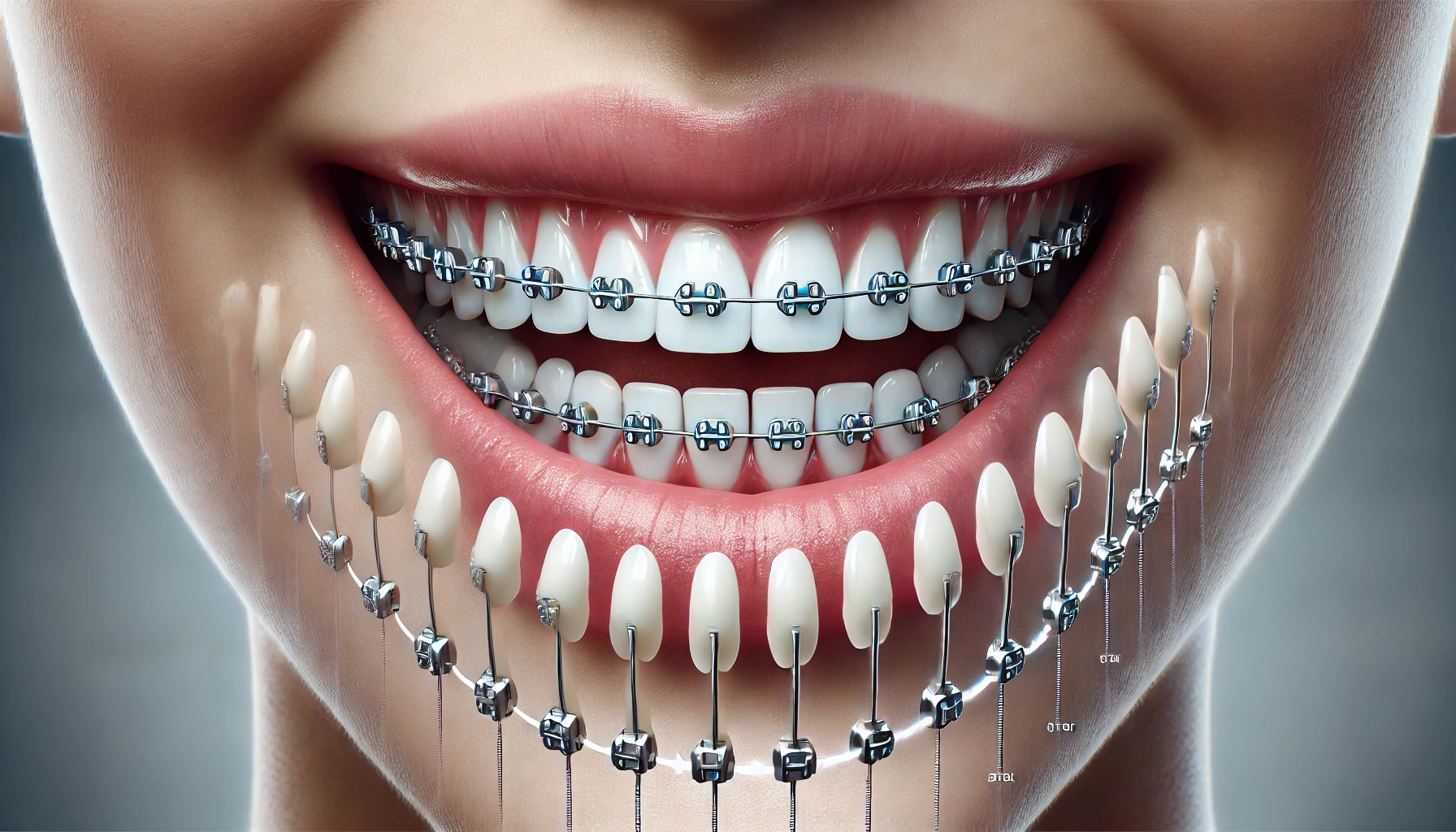 "Illustration of teeth with braces gradually shifting into alignment, showing how orthodontic treatment corrects teeth positioning."