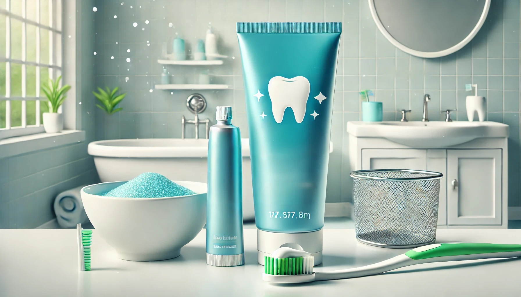 A tube of fluoride toothpaste next to a toothbrush and water bowl in a bright bathroom, promoting dental hygiene for sensitive teeth.