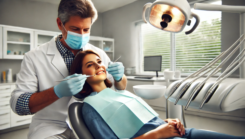 Dentist performing a comfortable tooth extraction on a relaxed patient in a clean dental office."